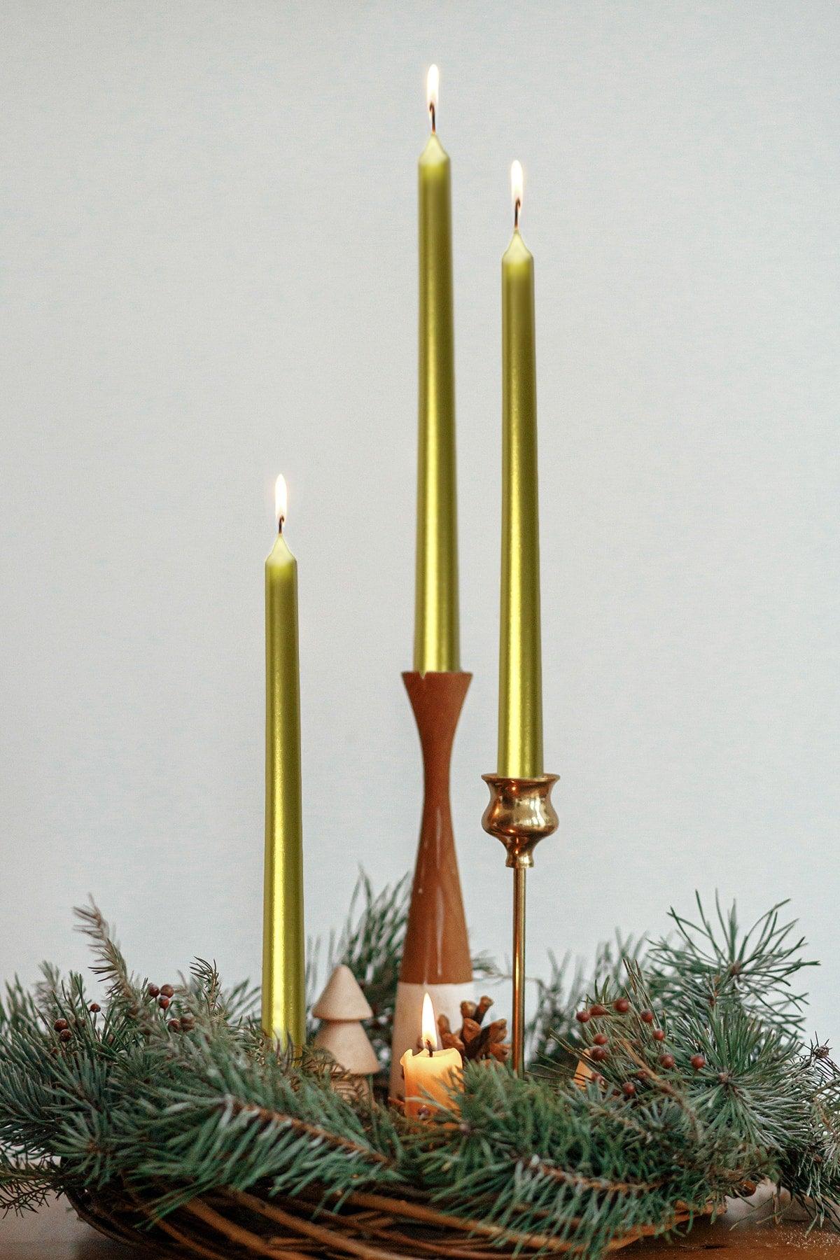 Green Candlestick Candle 3 Pcs Shiny Metallic Long Body Tapered Candle - Swordslife