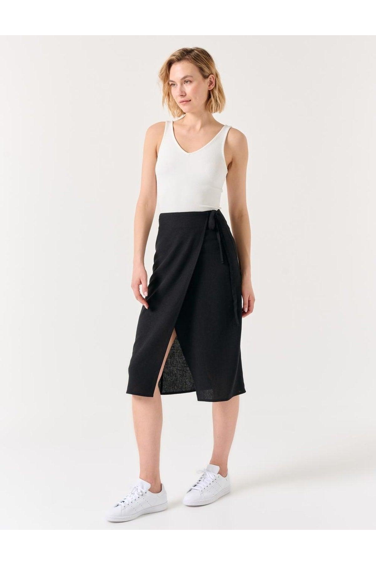 Black Regular Waist Slit Midi Linen Skirt - Swordslife