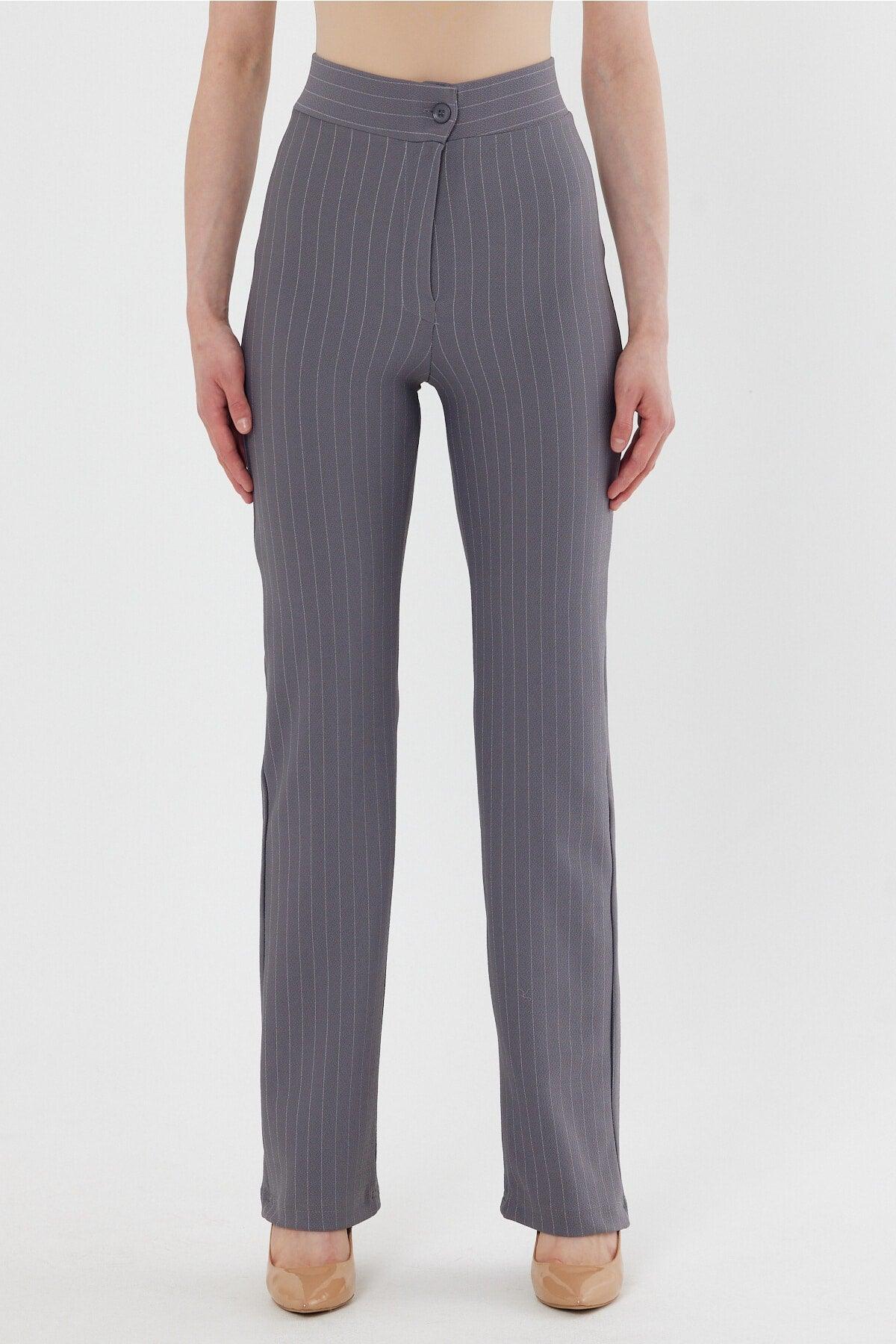 Women's Gray Striped High Waist Gatherer Bell-Length Palazzo Trousers - Swordslife