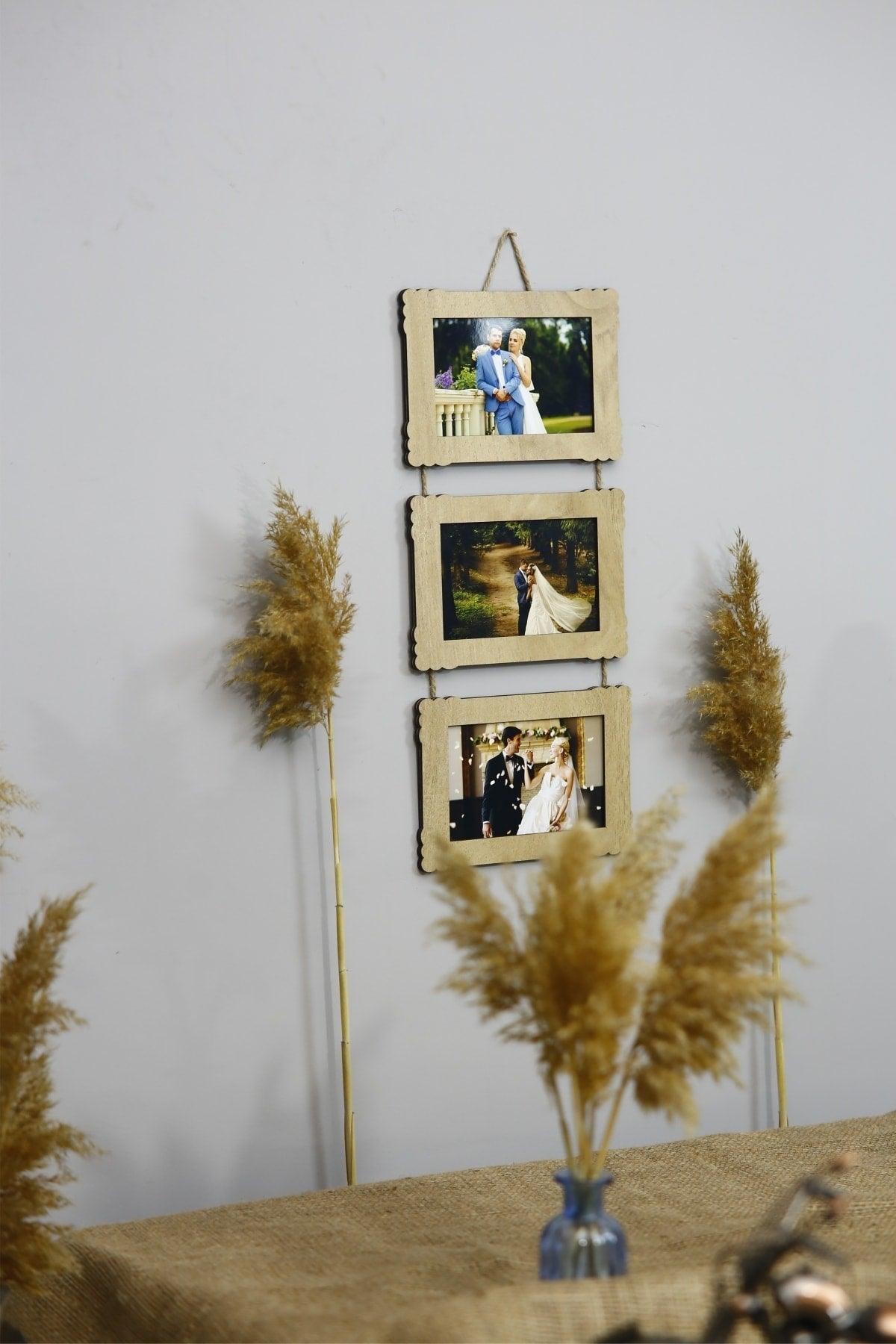 Wooden Triple 10x15 Cm Horizontal With Rope Photo Hanger - Swordslife