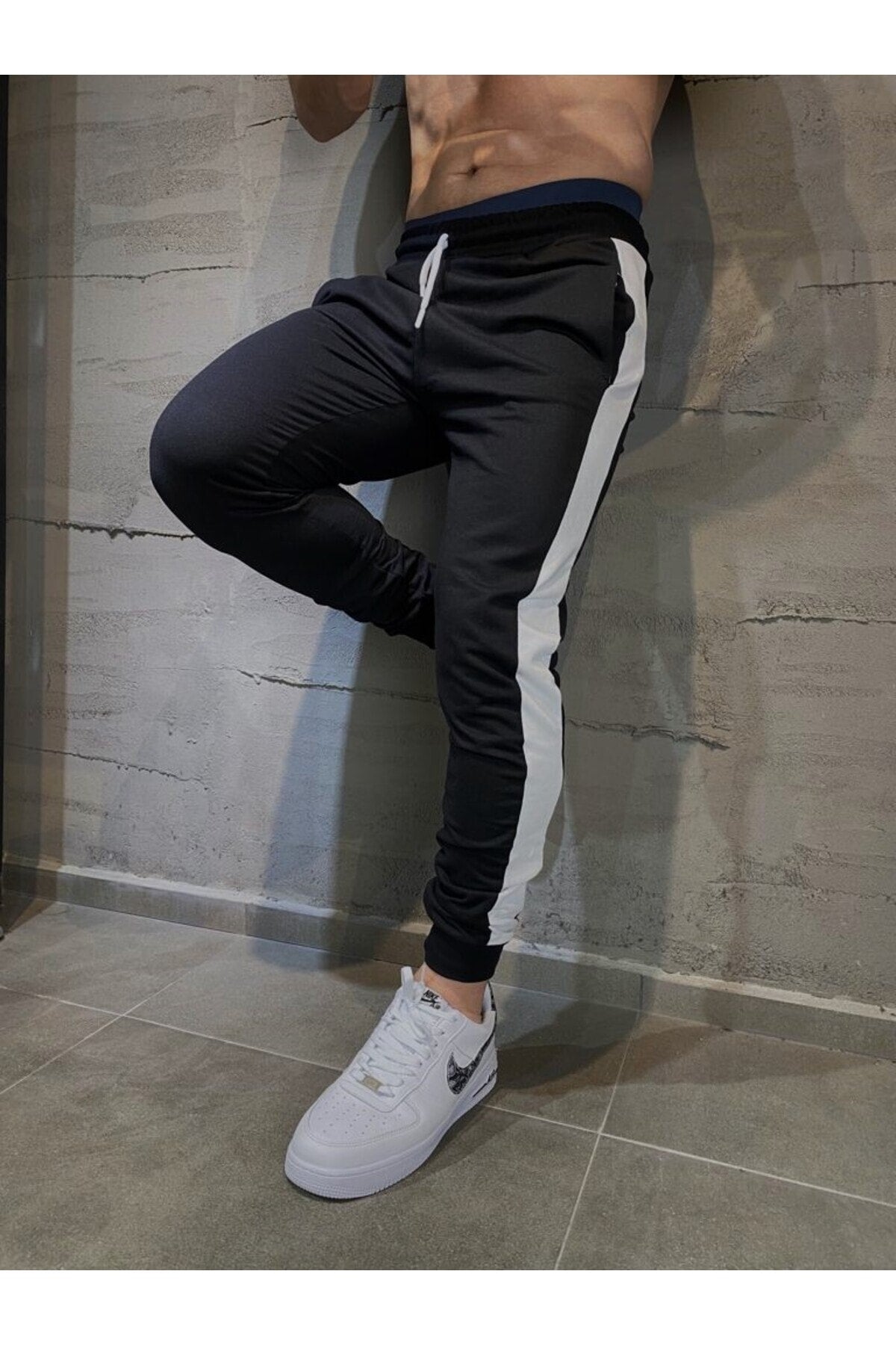 Men's Black and White Striped Sweatpants Cotton Elastic Leg