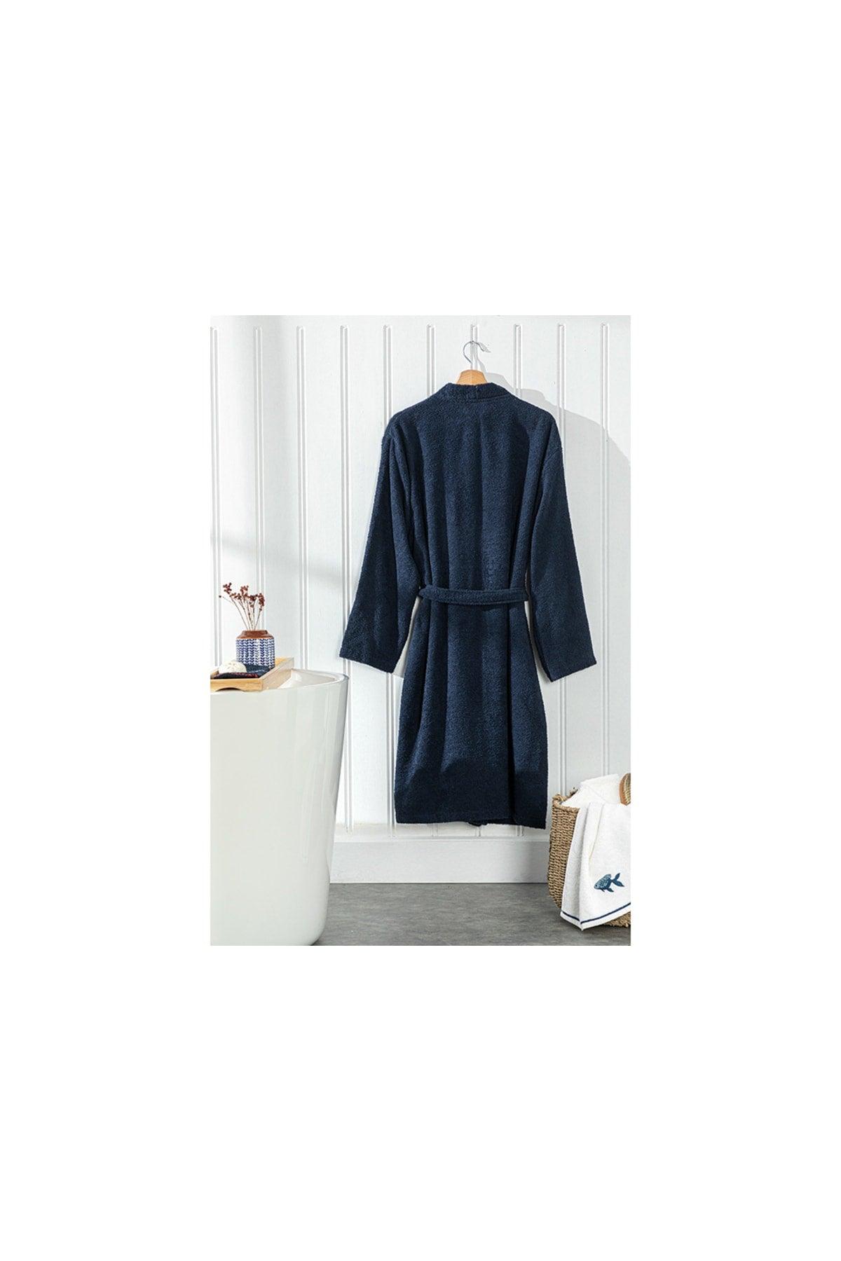 Plain Cotton Bathrobe L-XL Navy Blue - Swordslife