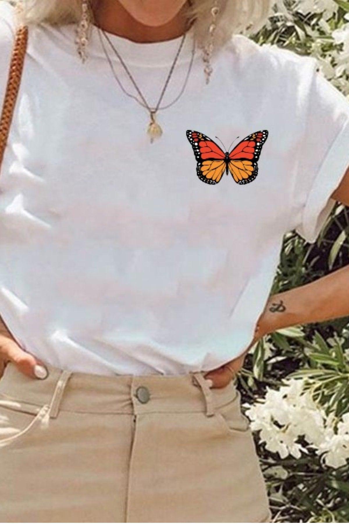 Butterfly Printed Oversized Cotton Combed Cotton Fabric White Tshirt - Swordslife