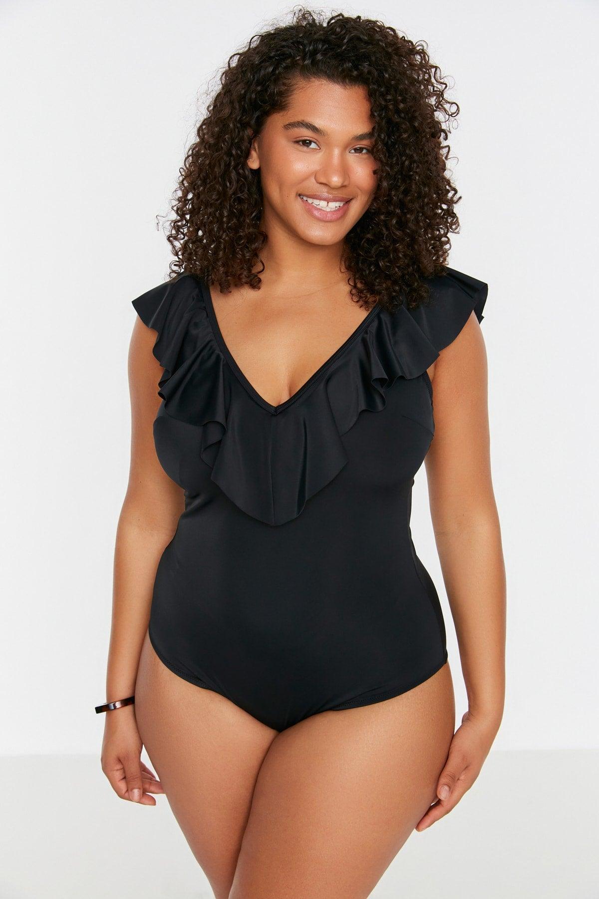 Black Ruffle Detailed Swimsuit TBBSS22MA0299 - Swordslife