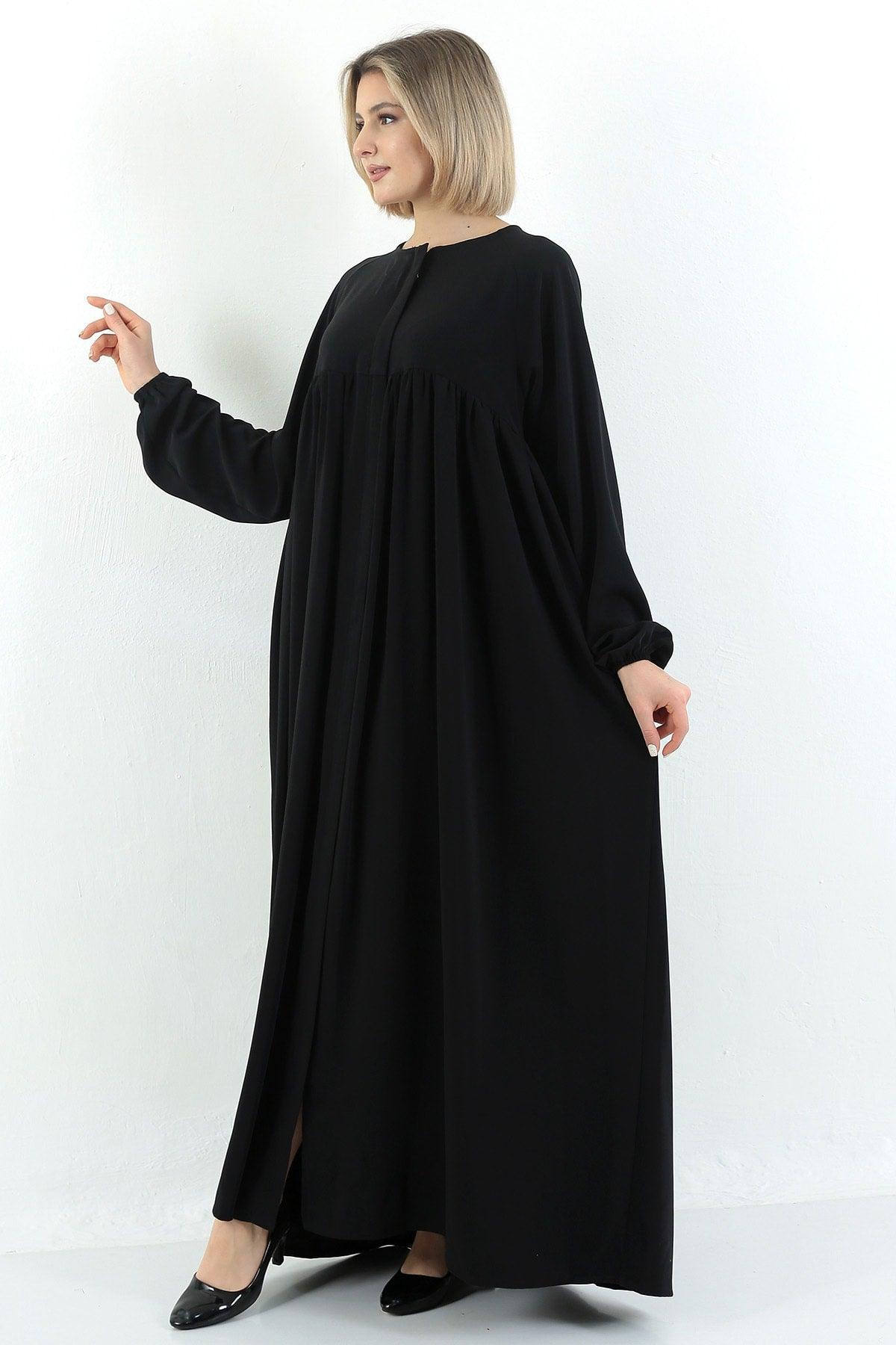 Black Oversized Zippered Pleated Robe Abaya Hijab - Swordslife