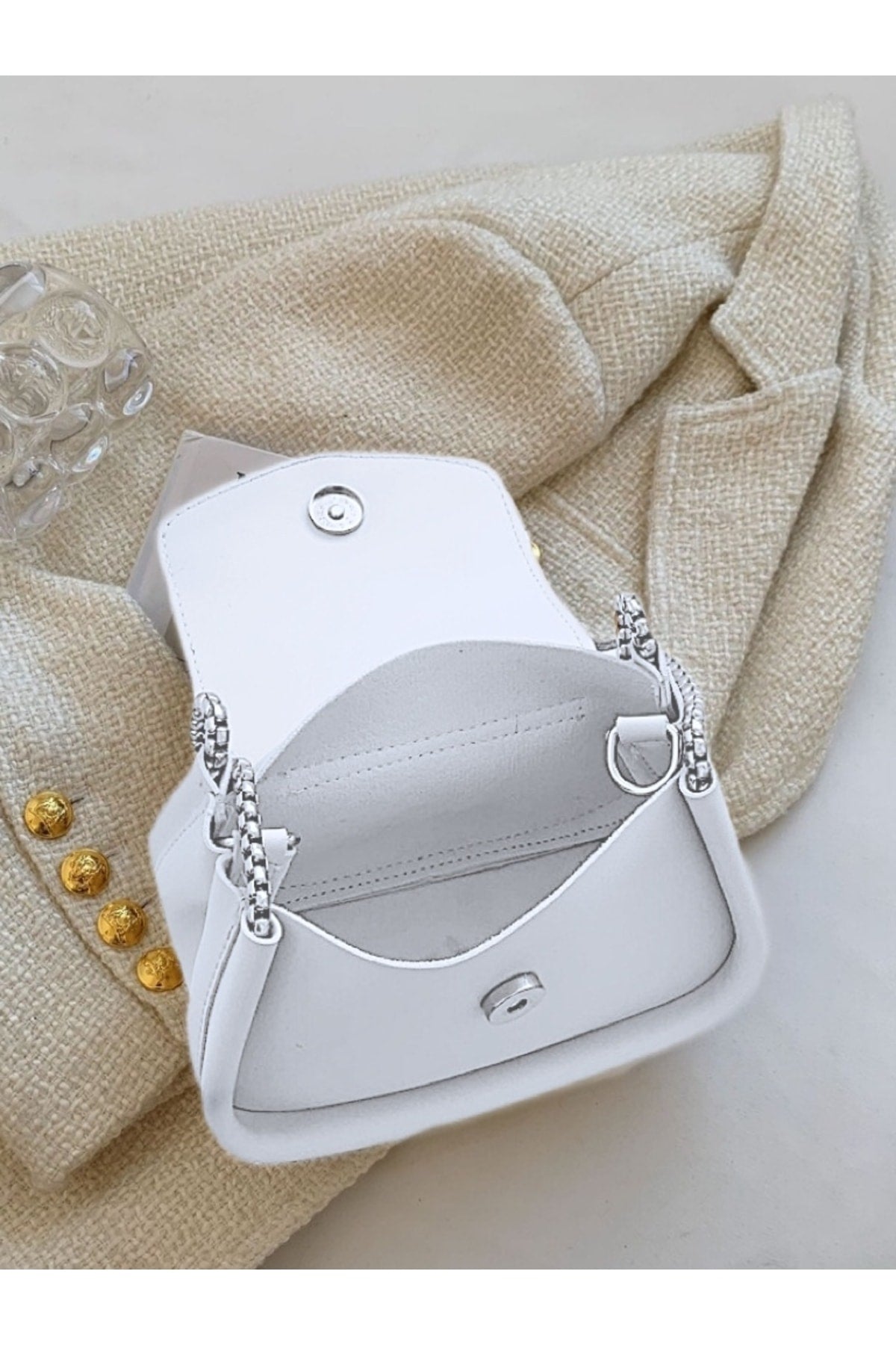 White Chain Baguette Bag