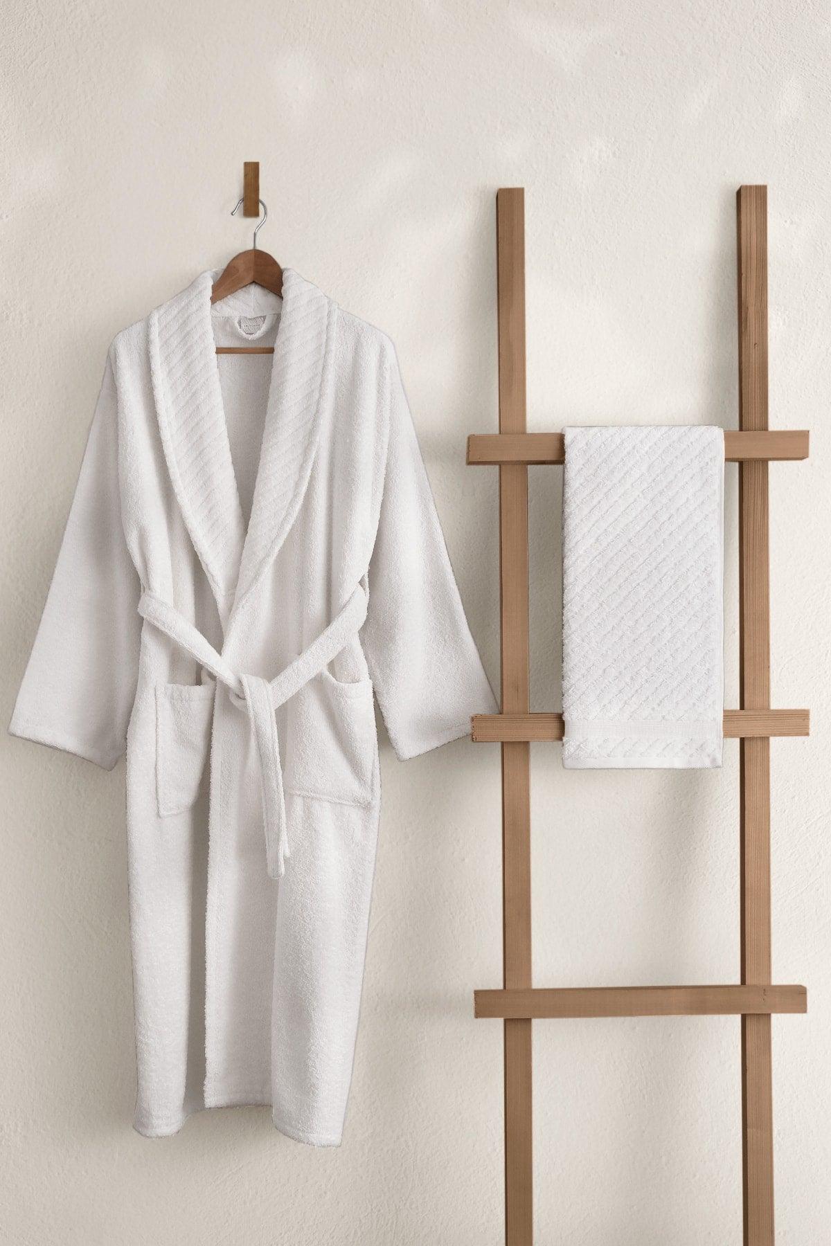 Lycian White Bathrobe Set 2 Pcs Set 1 Bathrobe 1 Towel Soft Cotton Bathrobe Hand Face Towel Bath 1054a - Swordslife