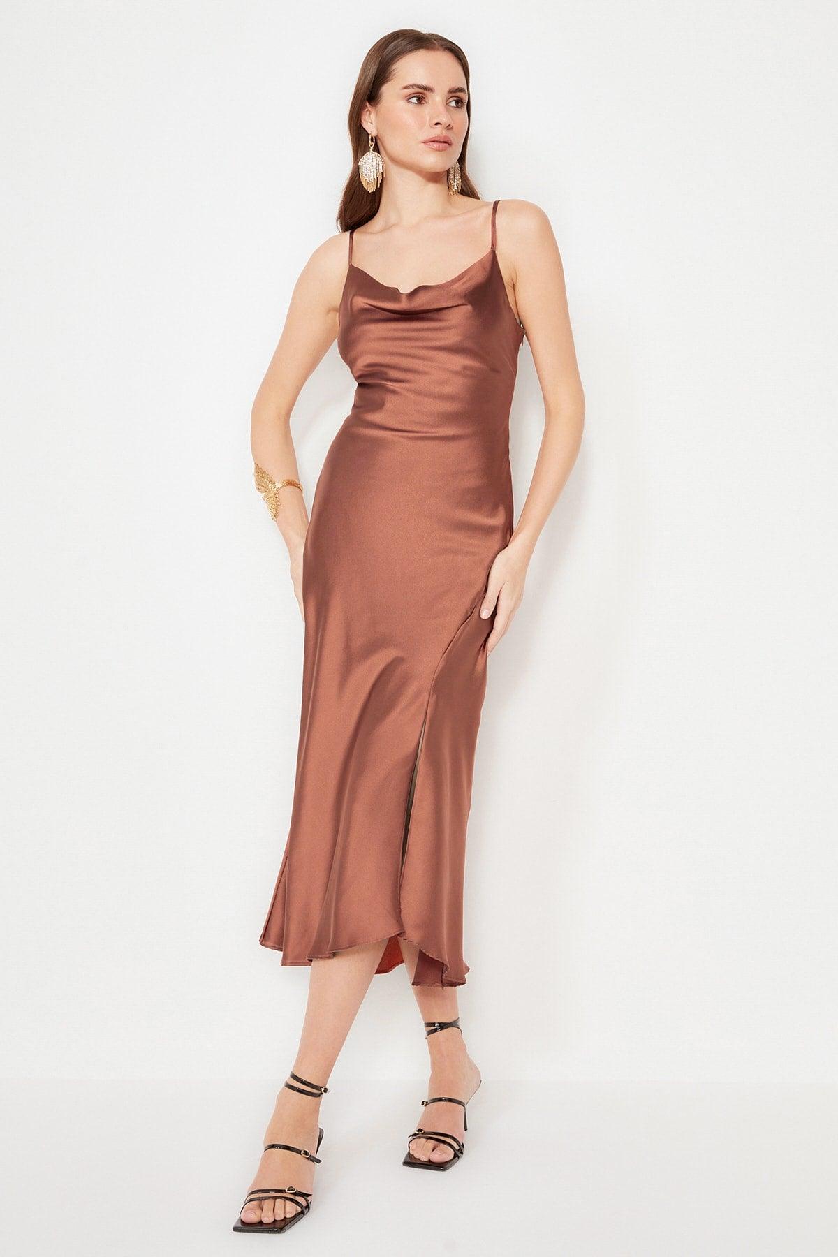 Cinnamon Lined Woven Satin Elegant Evening Dress TPRSS19BB0058 - Swordslife