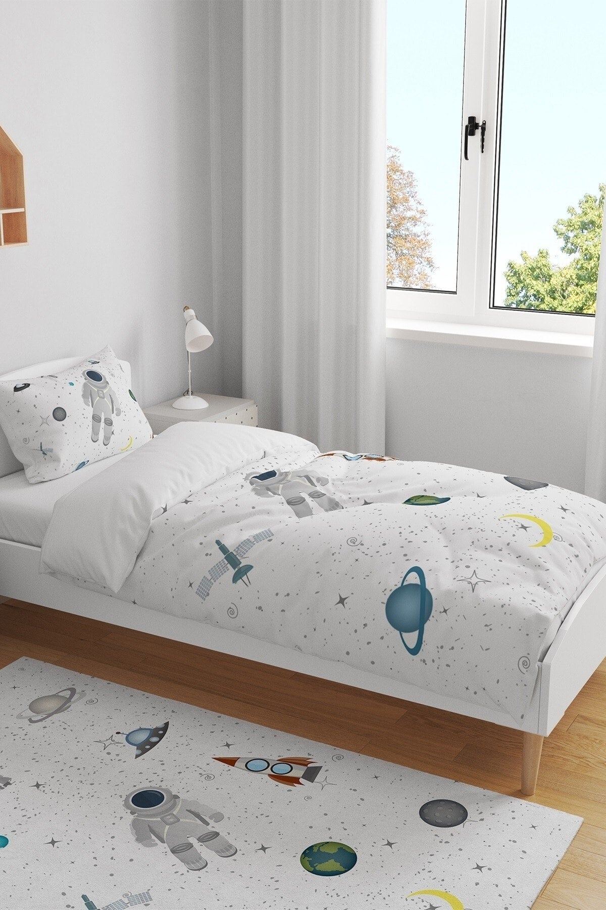 White Space Little Astronaut Patterned Single Baby Kids Duvet Cover Set