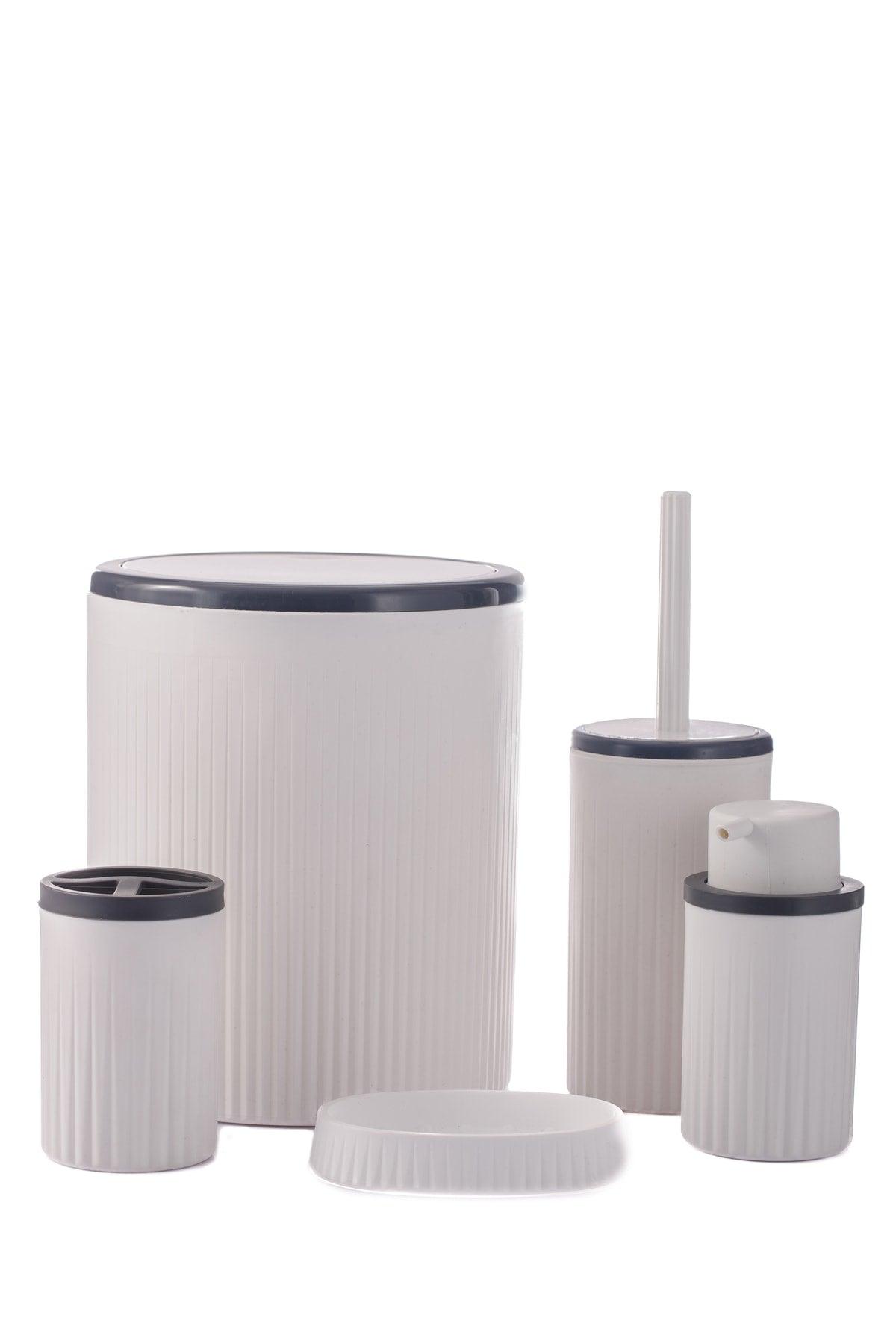 White Striped Round 5 Pcs Bathroom Set 5 Pieces Dustbin Wc Brush Liquid Solid Soap Dispenser Brush Holder Set - Swordslife