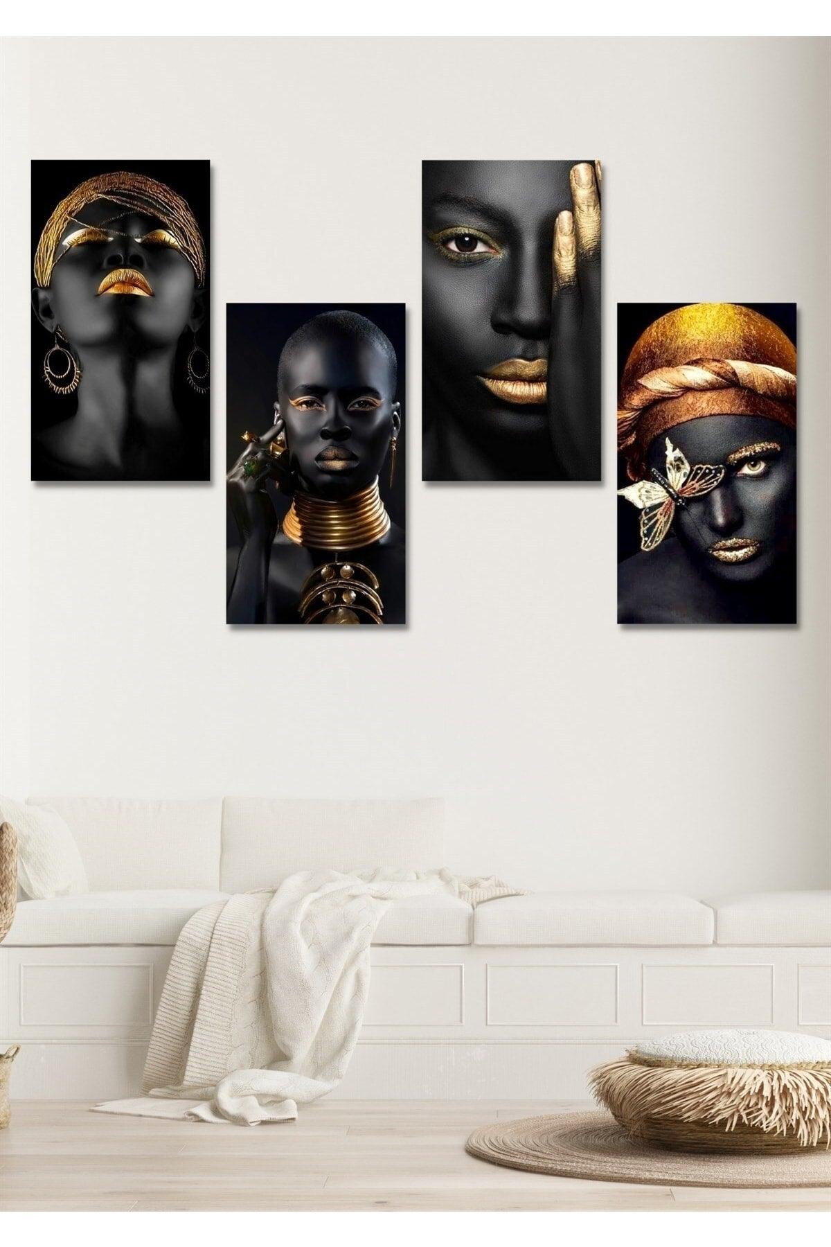 4 Pieces 15x30cm Wooden Wall Decor Black Women Painting Set For Living Room Living Bedroom Kitchen - Swordslife