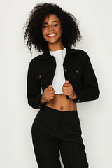 Women's Black Buttoned Crop Denim Jacket - Swordslife
