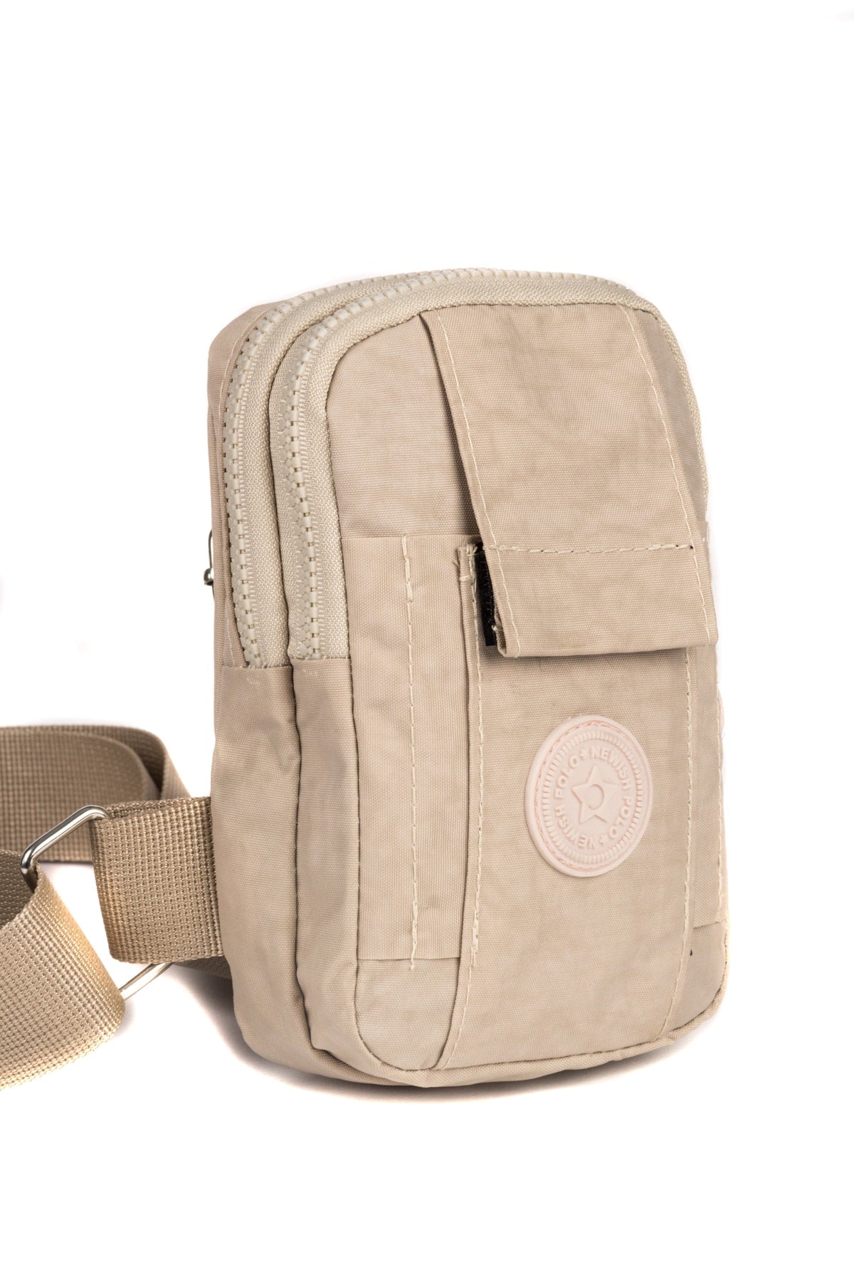 Unisex Crinkled Fabric Mini Shoulder Bag With Phone Compartment Sport And Daily Use Beige