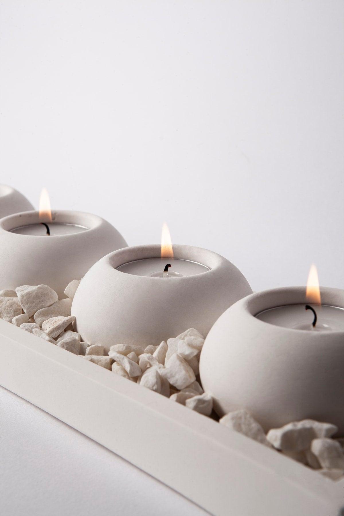 Handmade White 5 Piece Concrete Candle Holder With Concrete Plate Concrete Tealight Set Includes Stones And Candles. - Swordslife