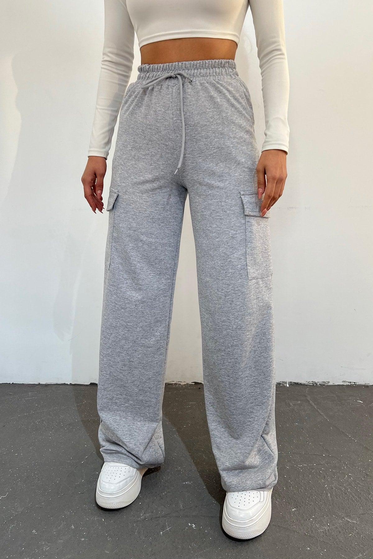 Women's Gray - Regular Fit Cargo Pocket Wide Leg Sweatpants - Swordslife