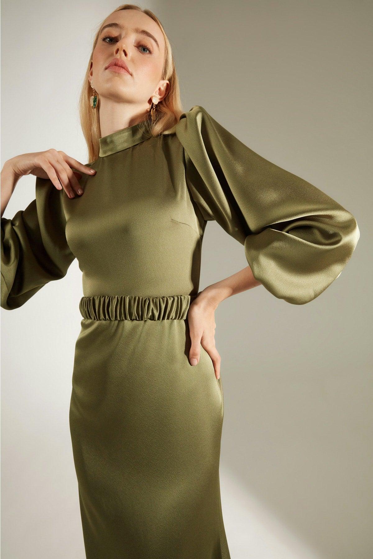 Judge Collar Khaki Balloon Sleeve Dress - Swordslife