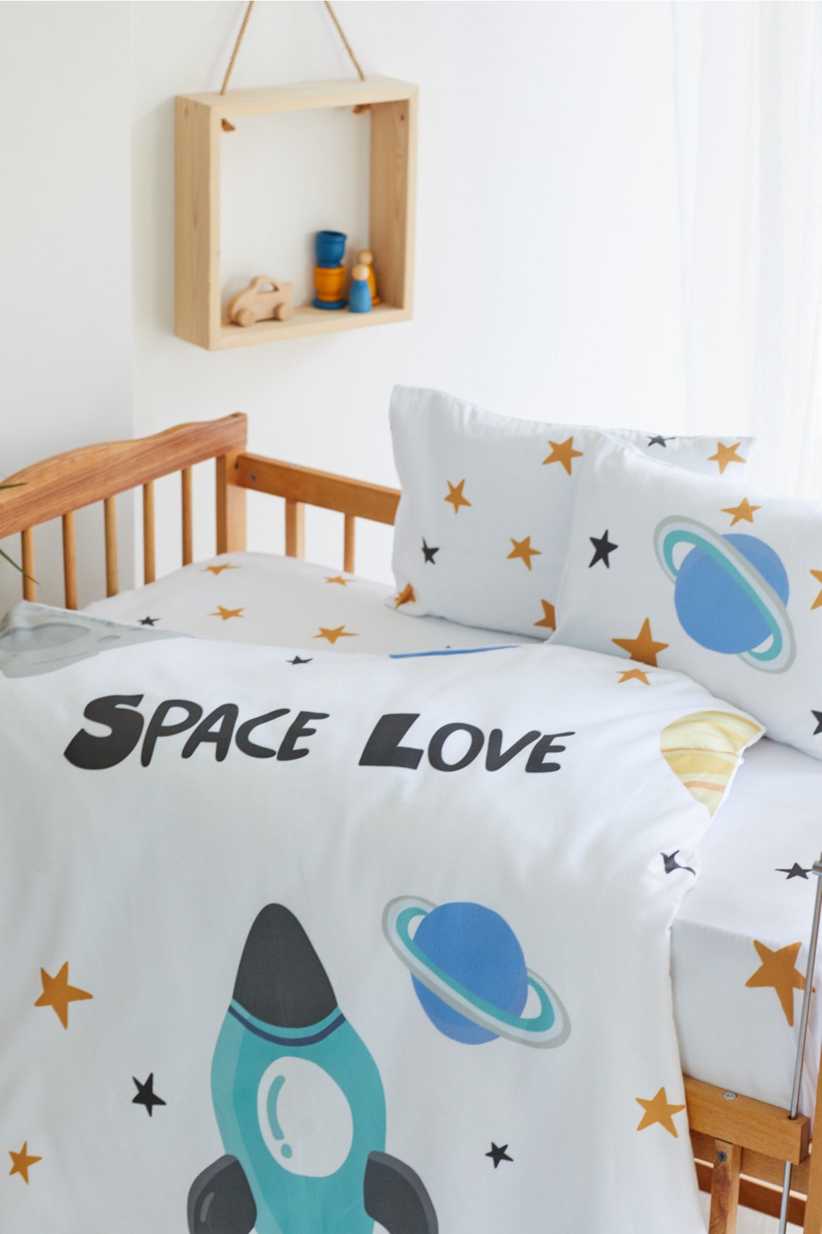 Organic Full Set Printed Cotton Satin Baby Duvet Cover Set - Rocket And Space Theme