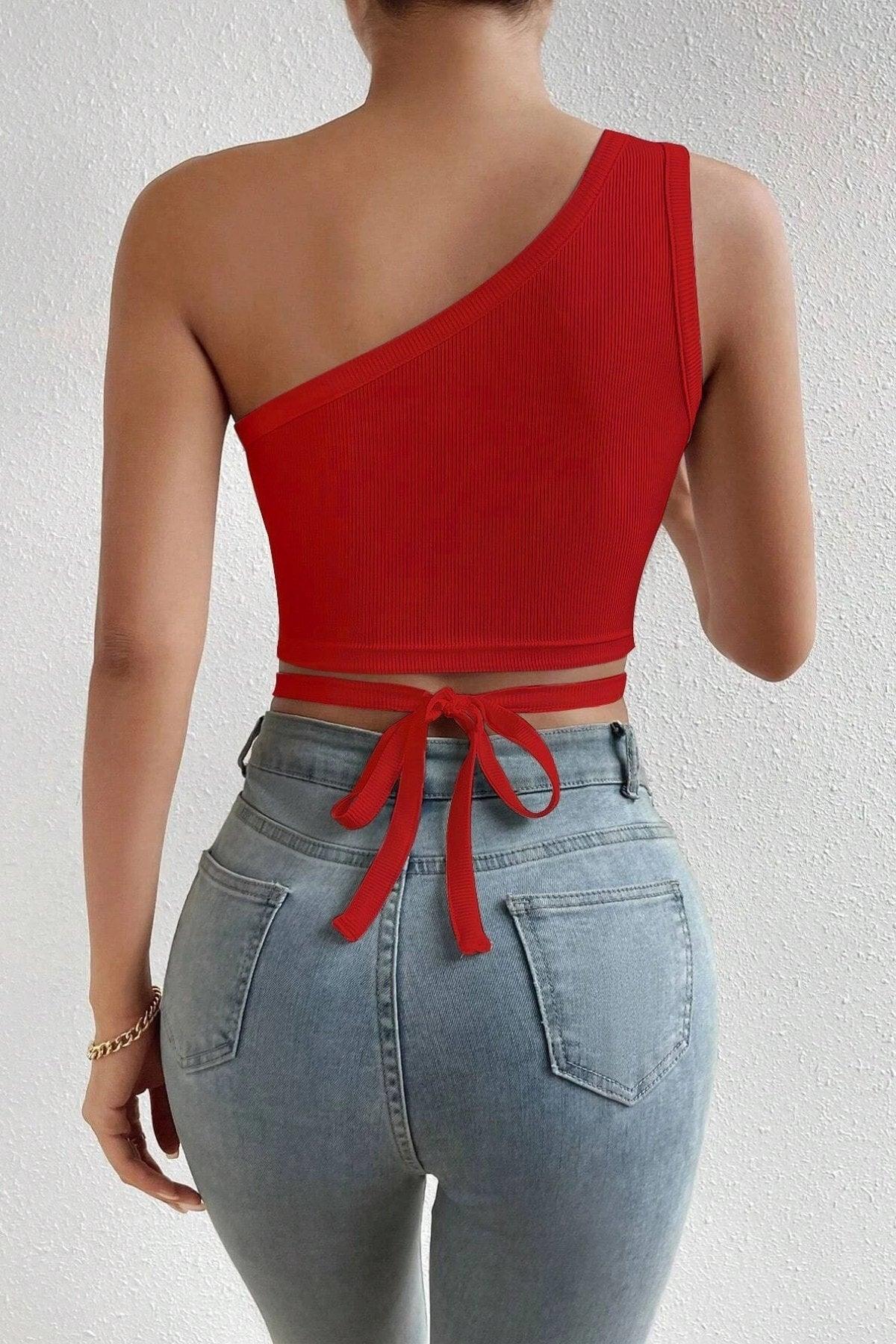 Women's Red One-Shoulder Tie Back Crop Top Blouse - Swordslife