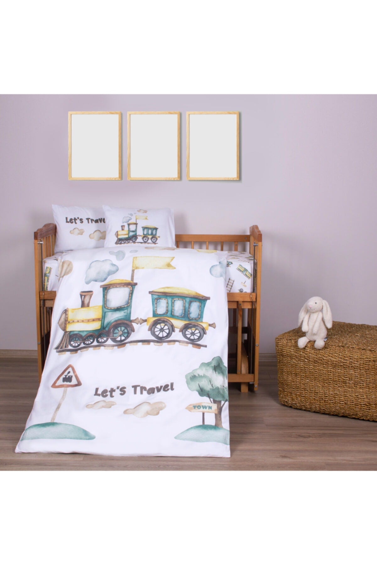 Organic Full Set Printed Cotton Satin Baby Duvet Cover Set - Train And Cloud Theme