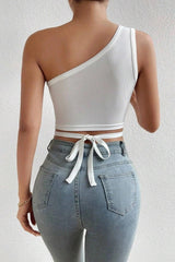 Women's White One-Shoulder Tie Back Crop Top Blouse - Swordslife