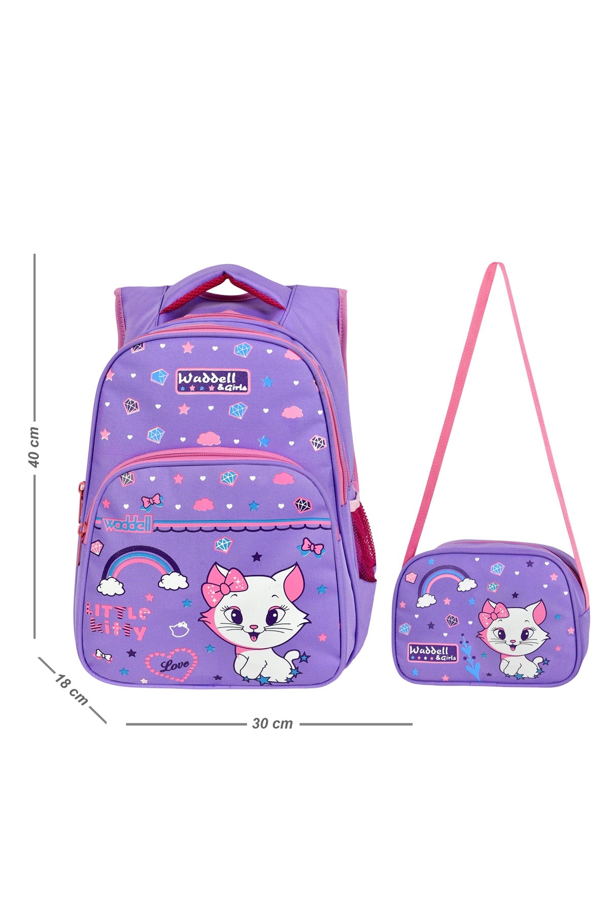 Licensed Lilac Cat Patterned Primary School Backpack And Lunch Box