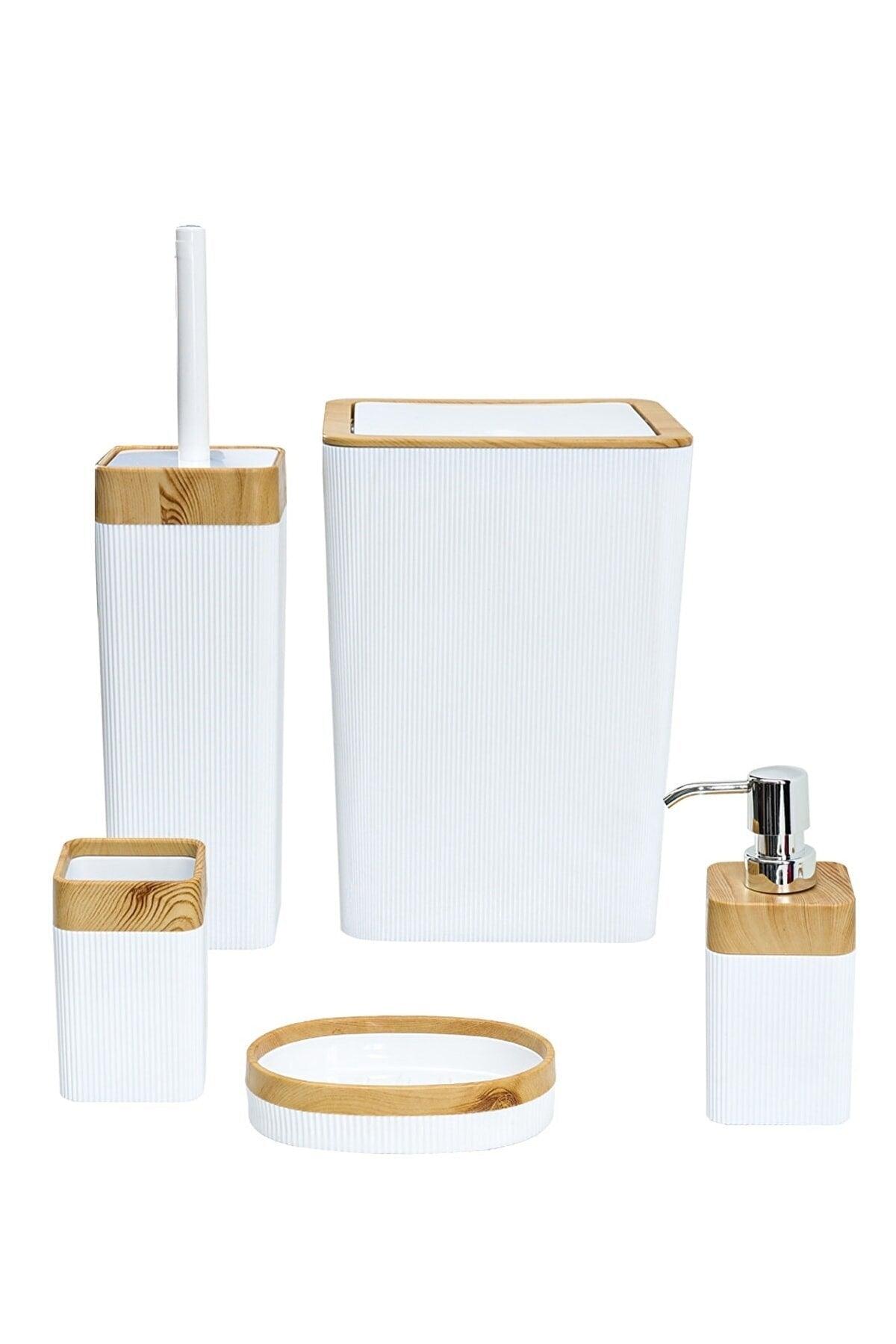 Still Rattan 5 Pieces Light Wood Veneer Square Bathroom Set White - Swordslife