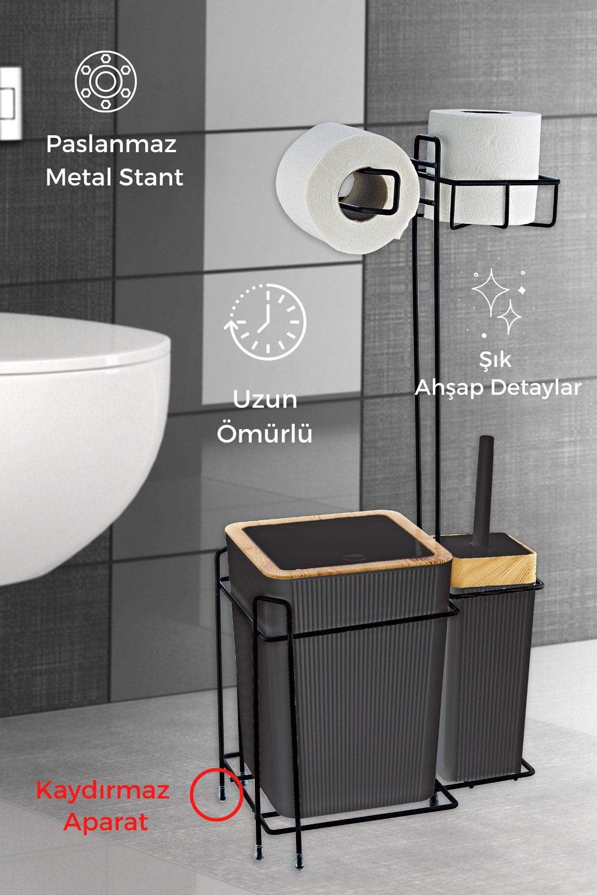 Wooden Coated Luxury Bathroom Set with Metal Stand - Dustbin, Wc Brush and Wc Paper Holder - Swordslife