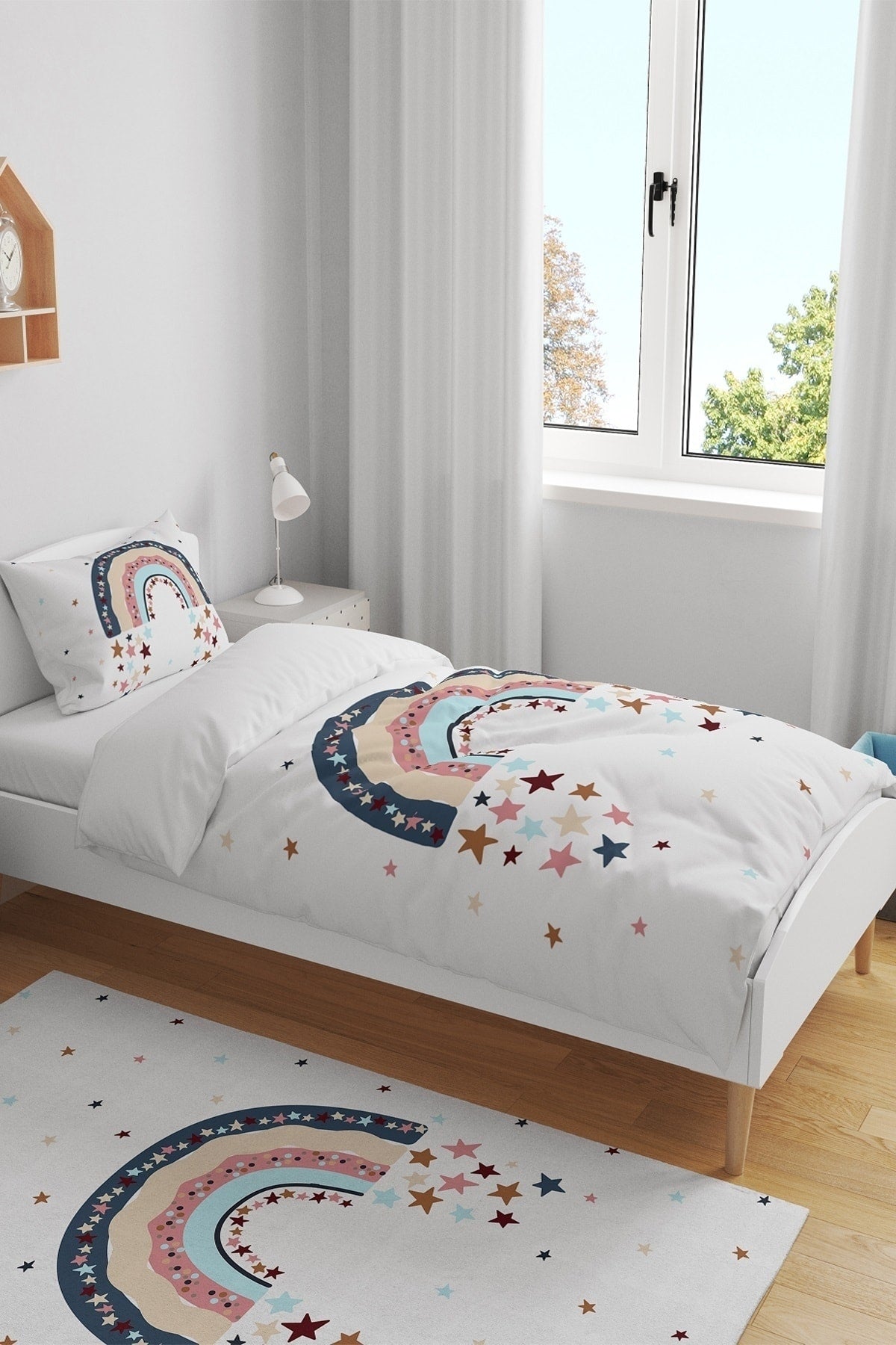 Star Raining Rainbow Patterned Single Baby Kids Duvet Cover Set