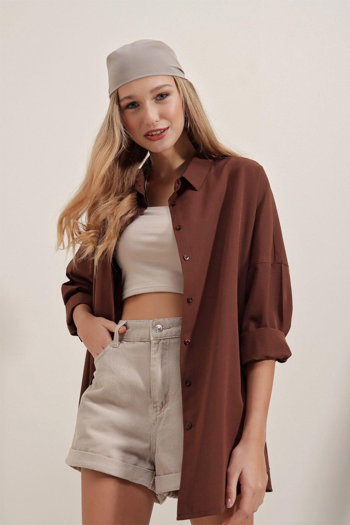 3900 Oversize Long Basic Shirt - Brown - Swordslife