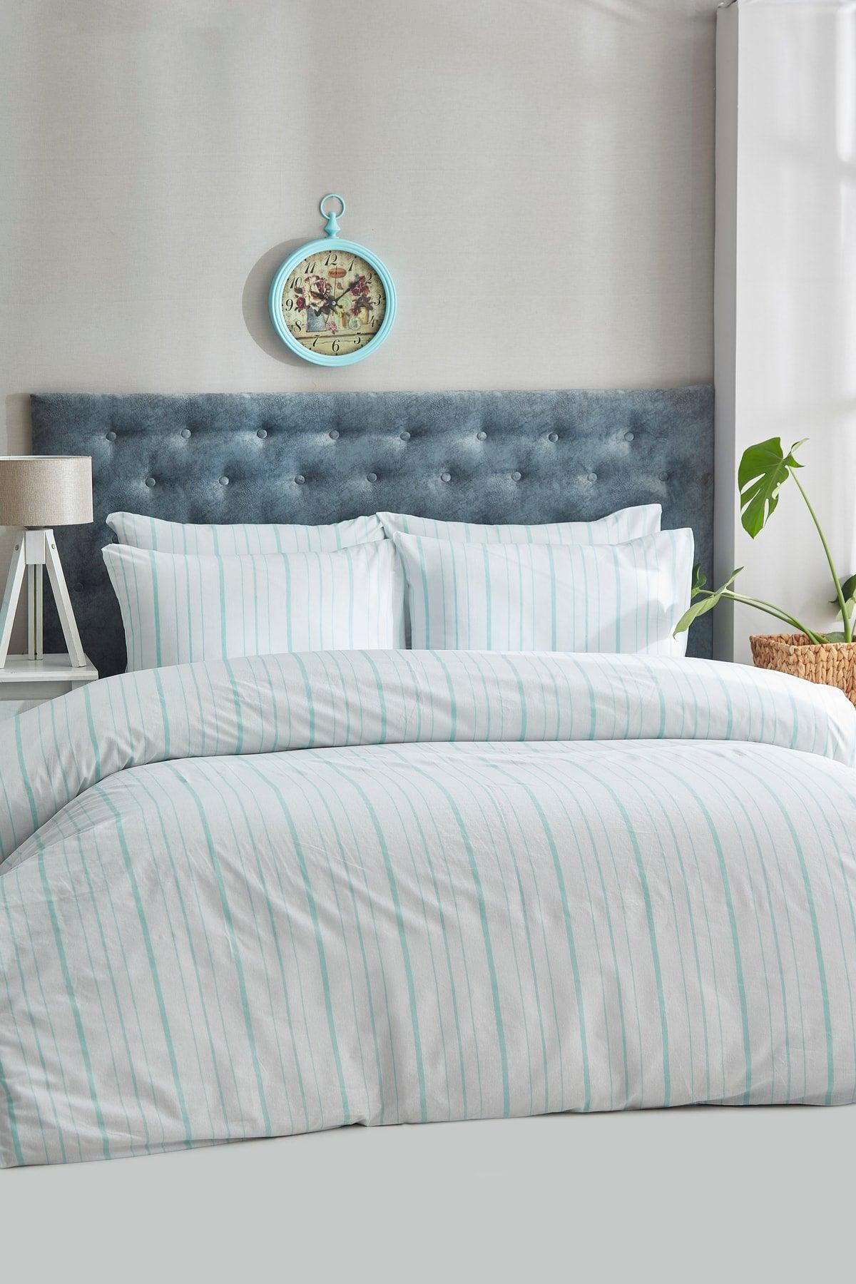 Striped Mint Double Cotton Duvet Cover - Swordslife