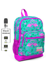 Green Flamingo Printed Girls' Primary School Bag Set - Usb Output