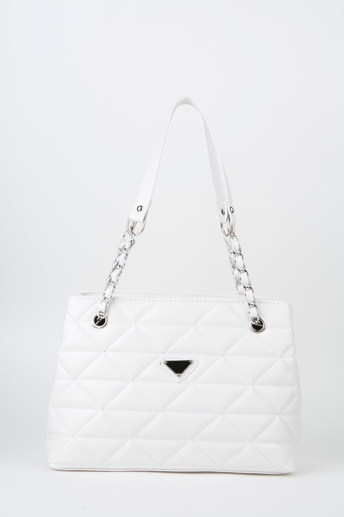 Crocos White Leather Quilted 3 Compartment Zipper Closure Lined Hand Arm And Shoulder Bag With Chain Strap