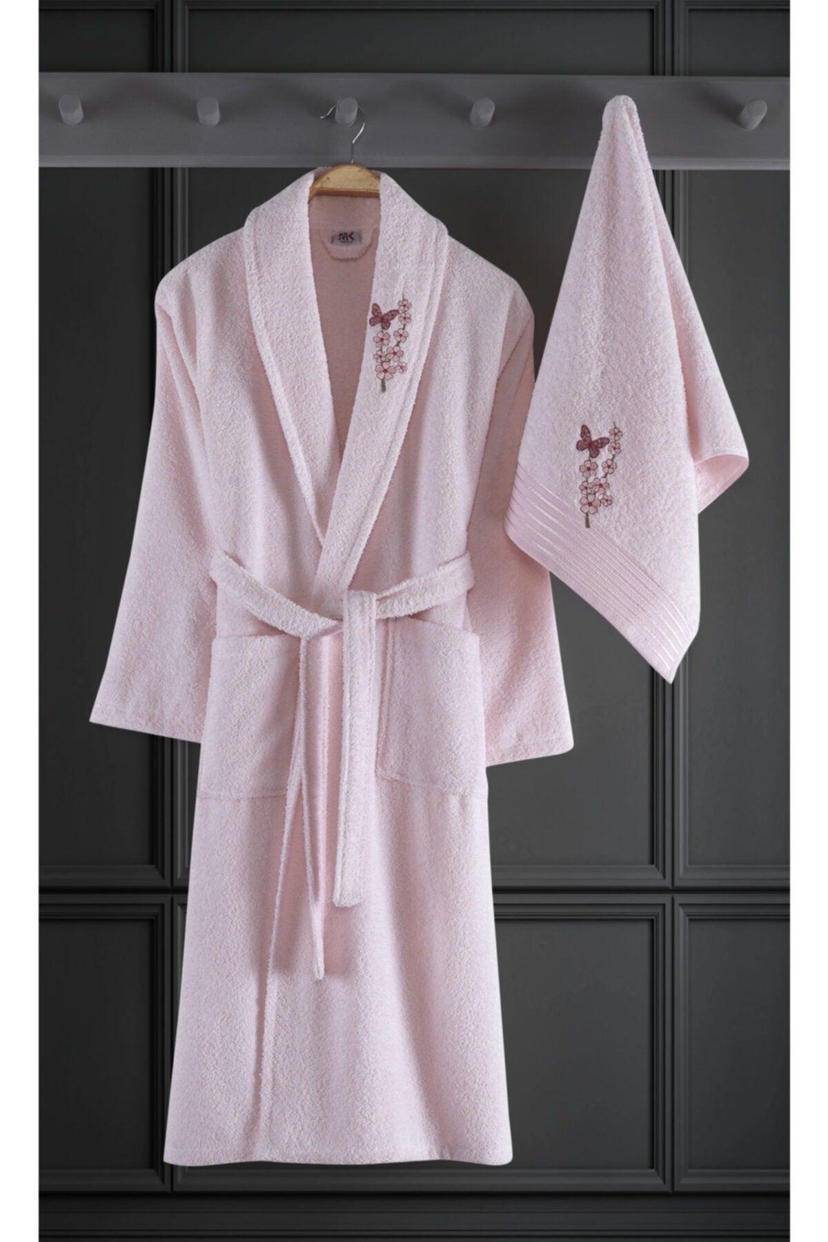 Alya Embroidered Cotton 2 Piece Bathrobe Set Pink - Swordslife