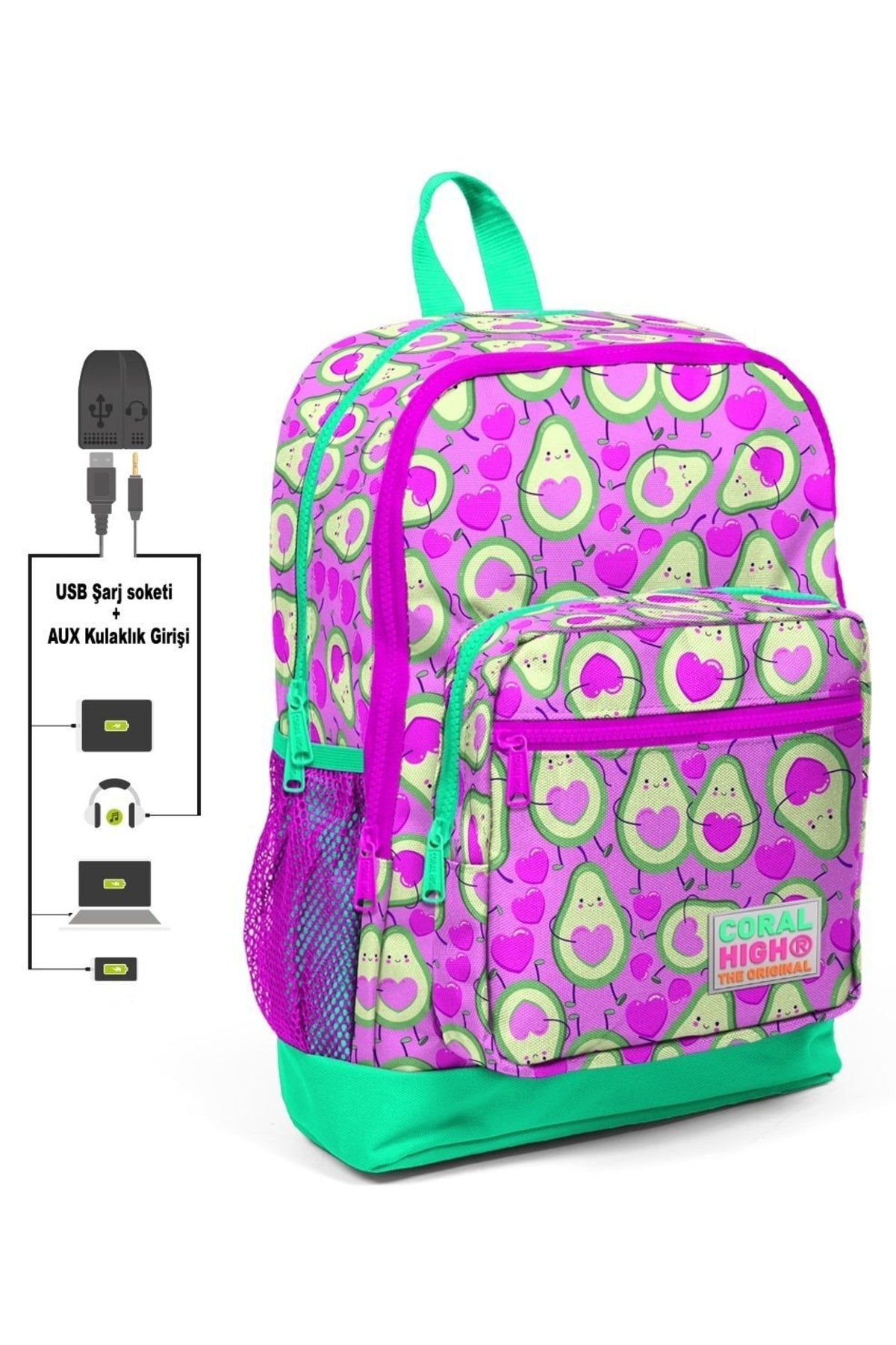 Pink Avacado Printed Girls' Primary School Bag Set - Usb Output