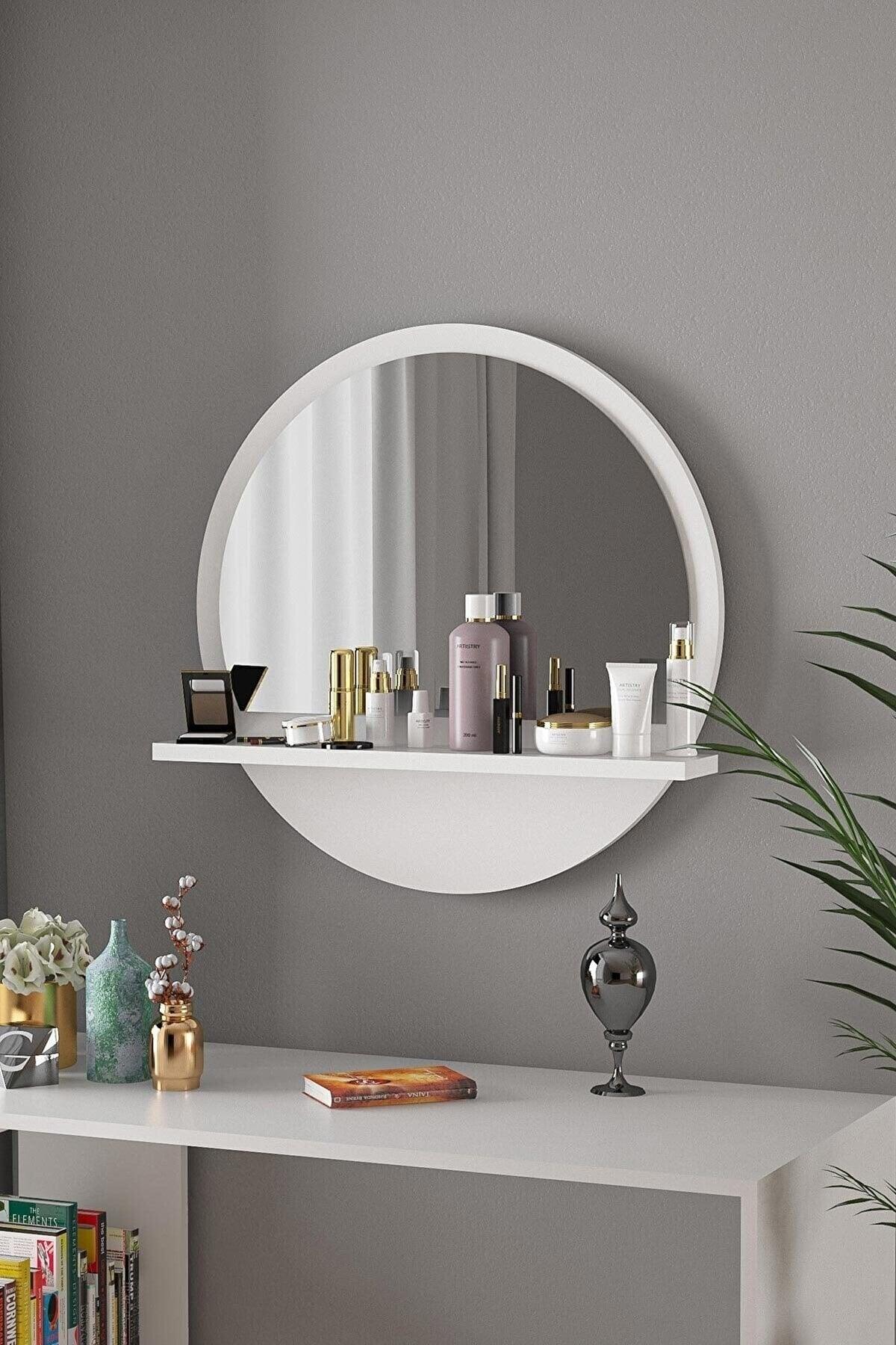 Keep 45 Cm White Decorative Round Shelf Mirror - Swordslife
