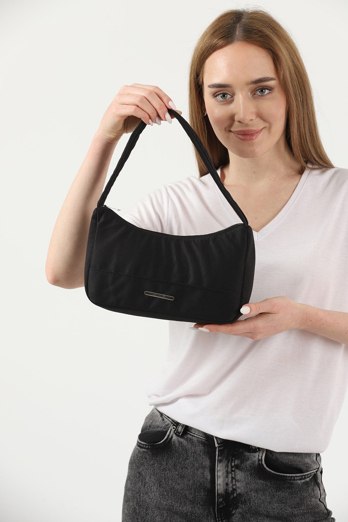 Black U26 Single Zipper Section Canvas Fabric Women's Daily Baguette Hand And Shoulder Bag U:13 E:25 G:6