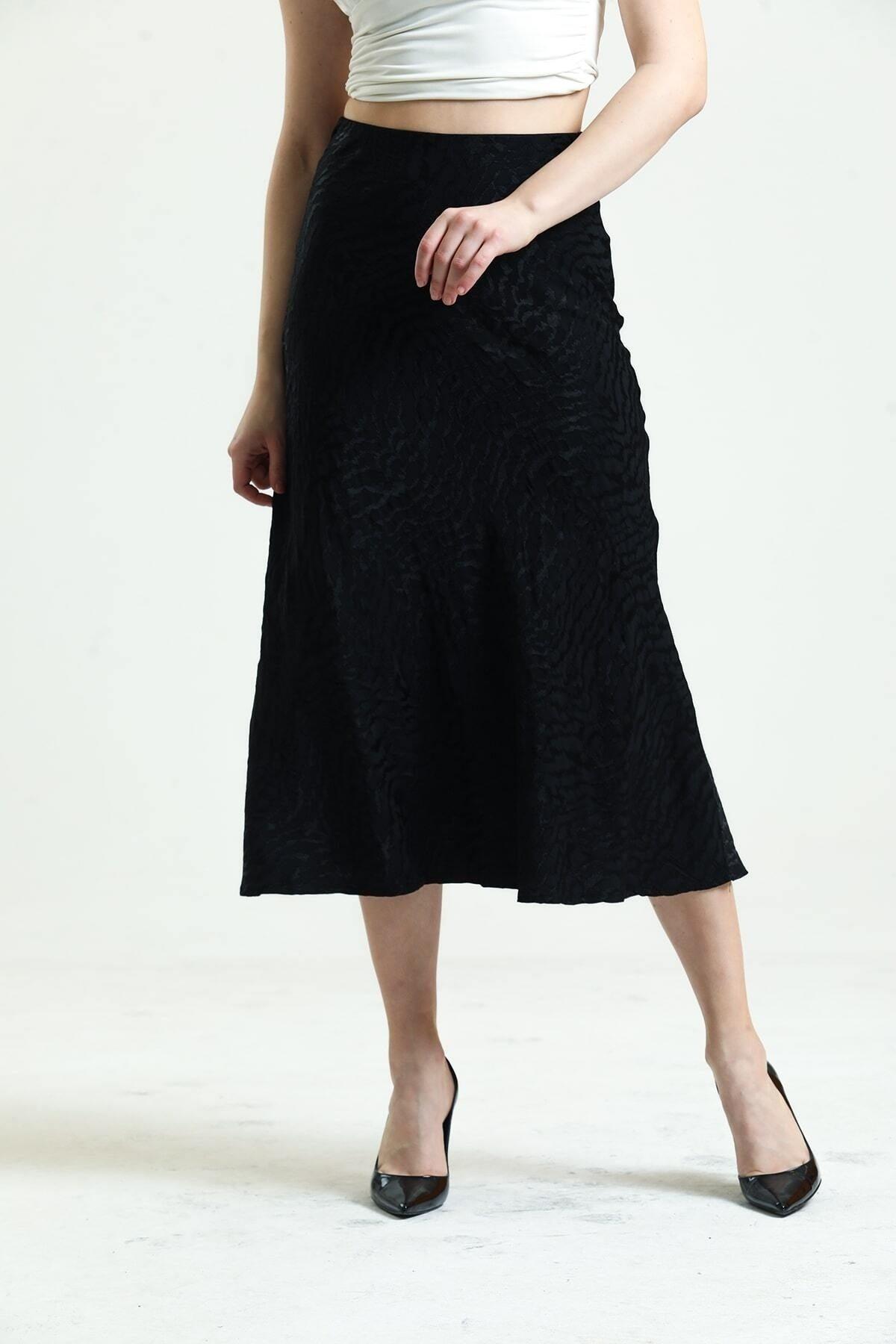 Black Ground Zebra Pattern Viscose Satin Midi Length Skirt - Swordslife