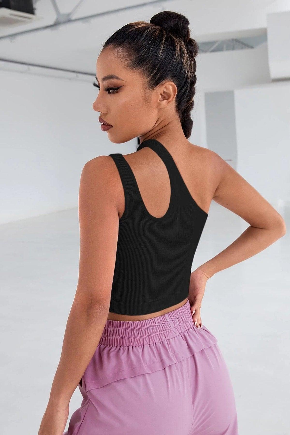 Women's Black One Shoulder Cut Out Detailed Crop Top Blouse - Swordslife