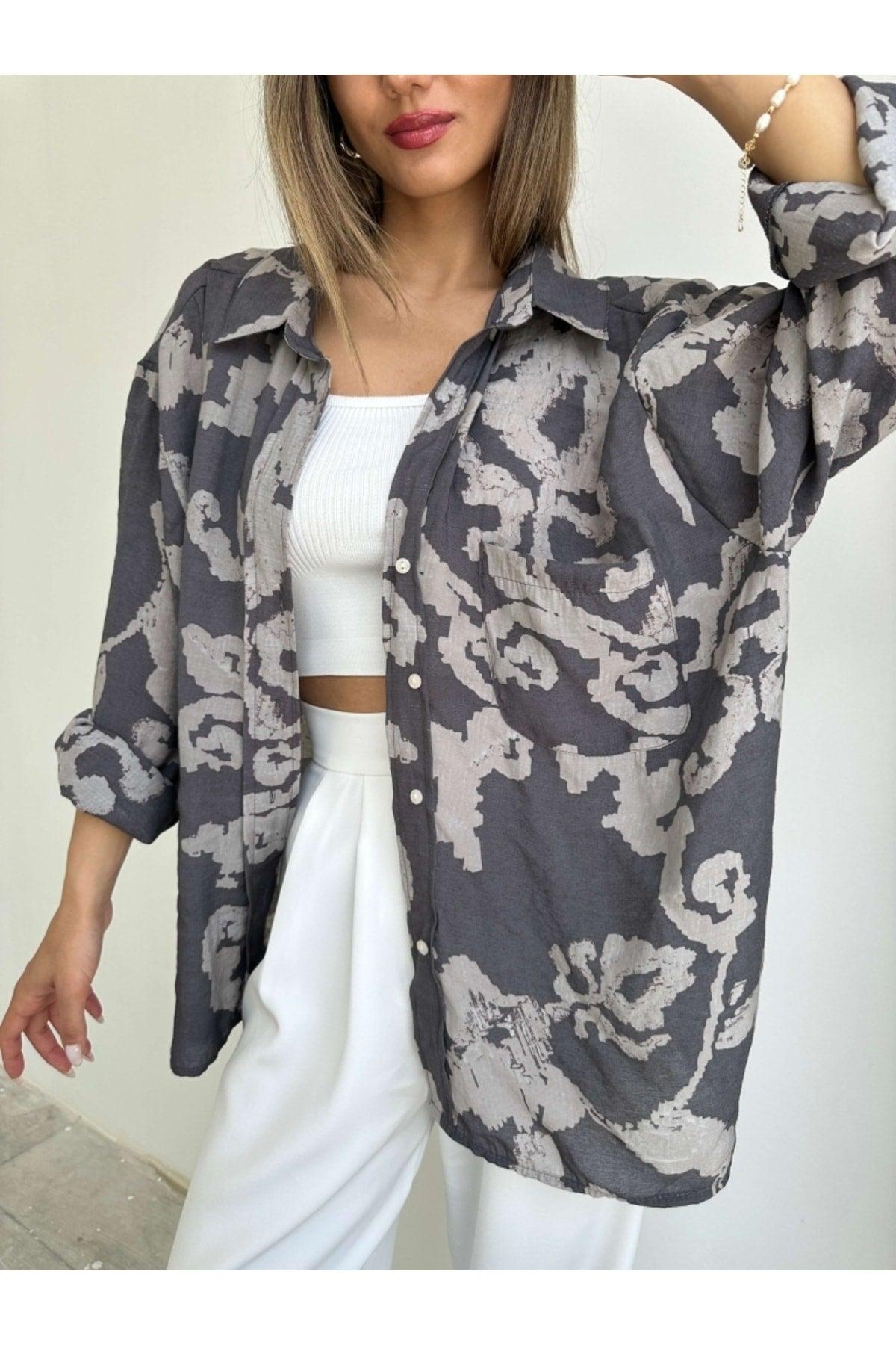 Smoked Patterned Off Shoulder Oversize Shirt - Swordslife