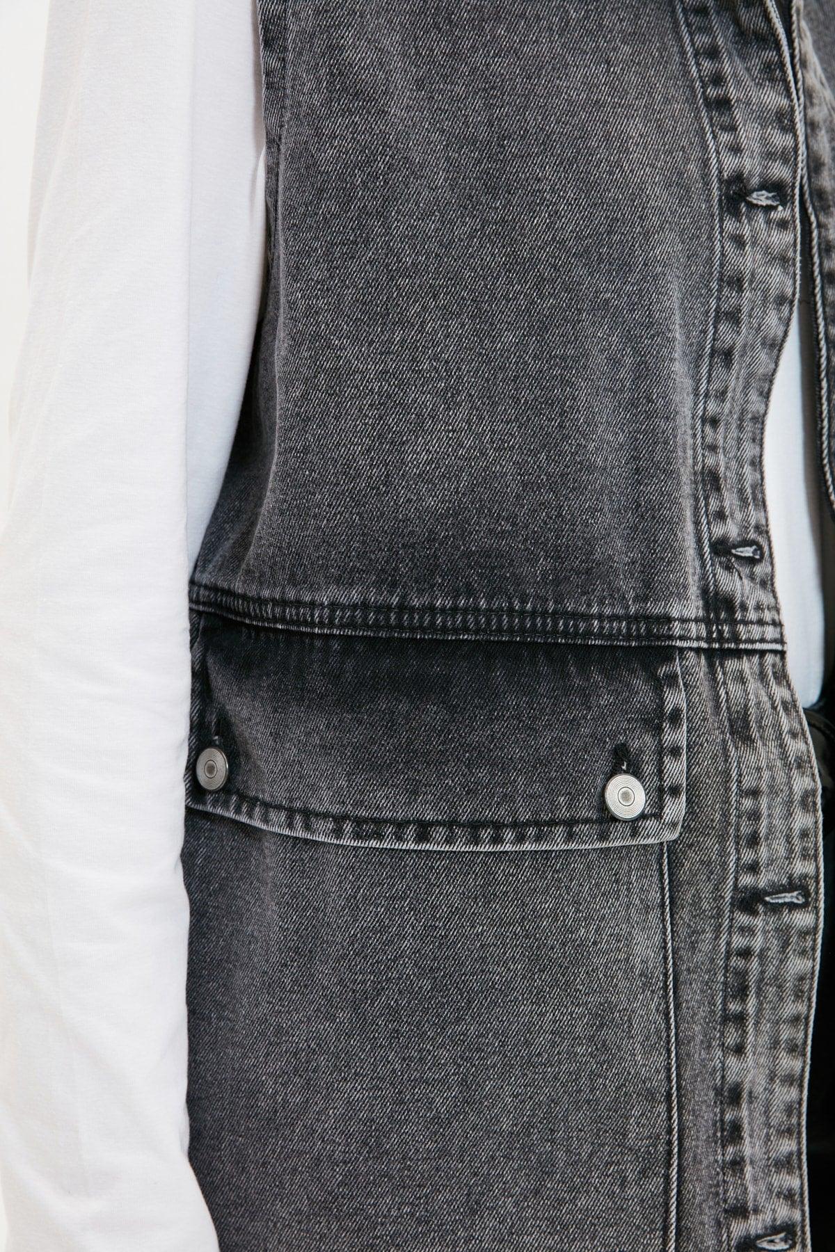 Anthracite Shirt Collar Pocket Detailed 100% Cotton Denim Vest Jacket TCTAW22CK0006 - Swordslife