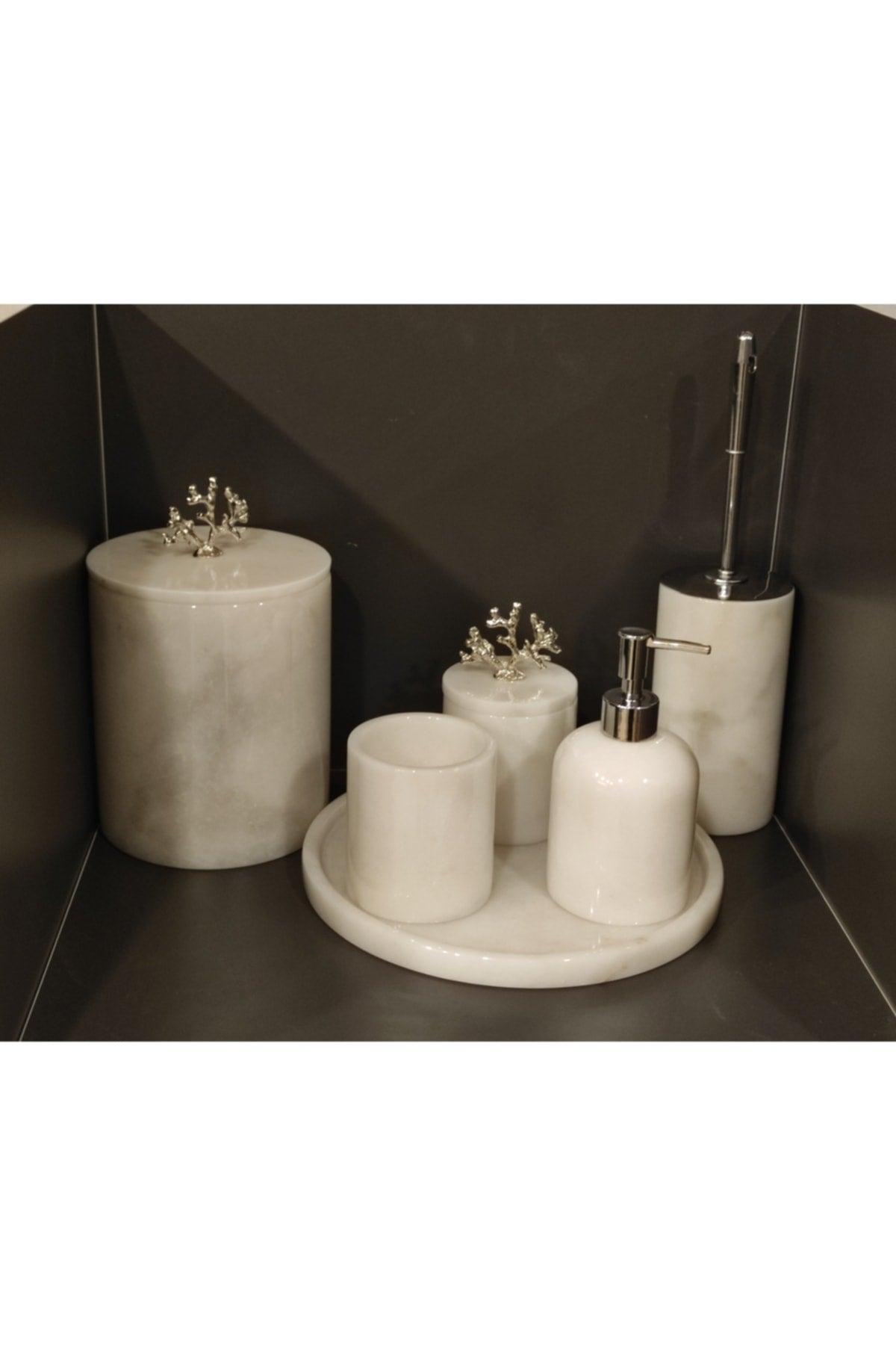 White Marble 6 Pcs Bathroom Set With Chrome Coral Accessories - Swordslife