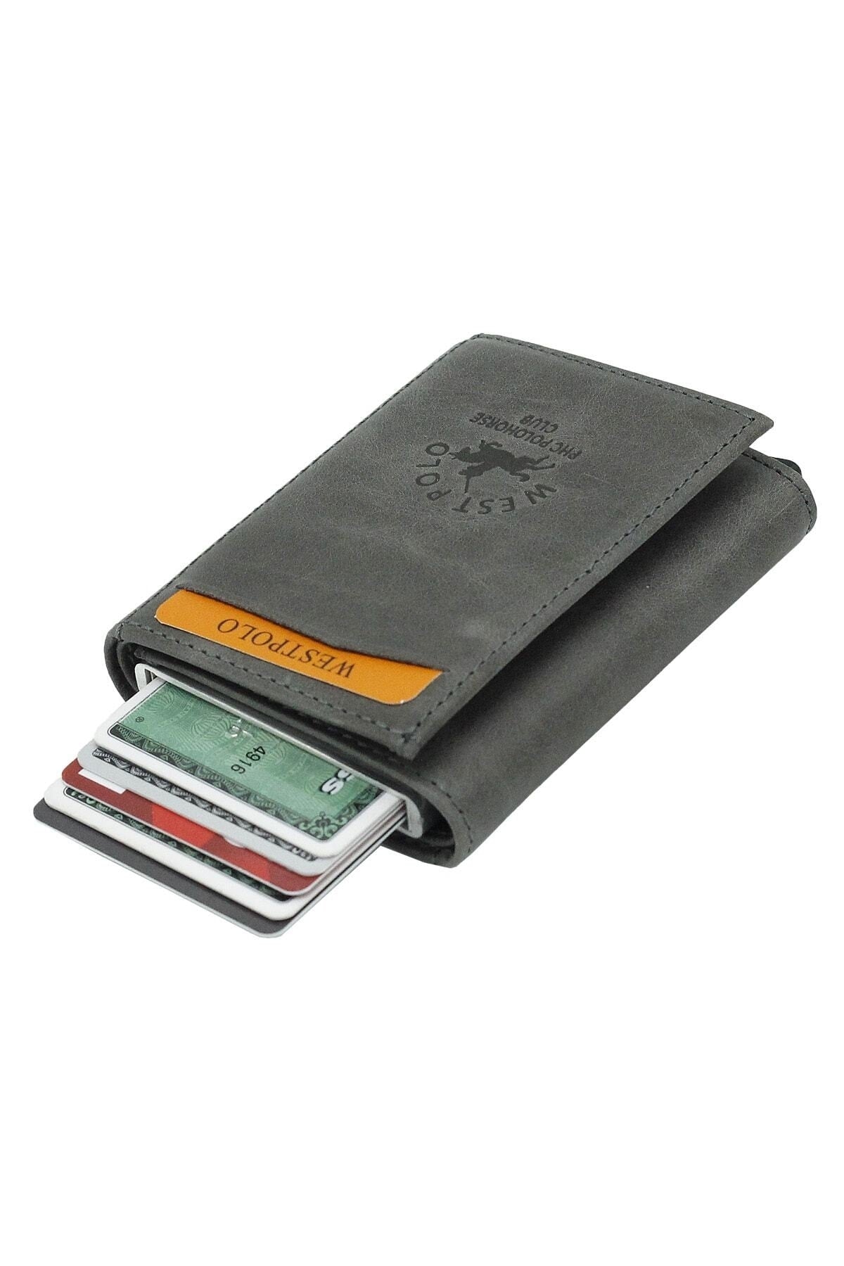 Men's Gray Genuine Leather Mechanism Wallet Card Holder