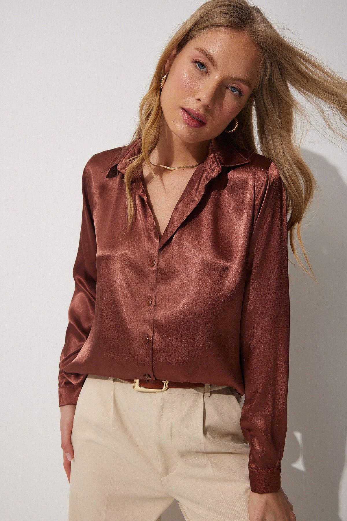 Women's Brown Light Flowy Satin Shirt DD00990 - Swordslife