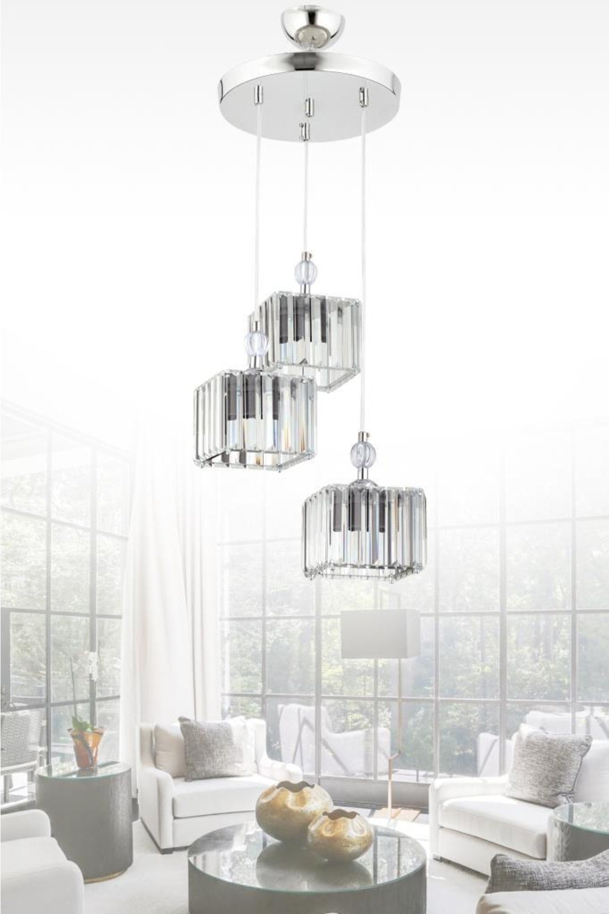 Maya 3-Piece Silver K-10 Crystal Stone Chandelier