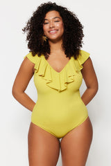 Oil Green Ruffle Detailed Swimsuit TBBSS22MA0299 - Swordslife