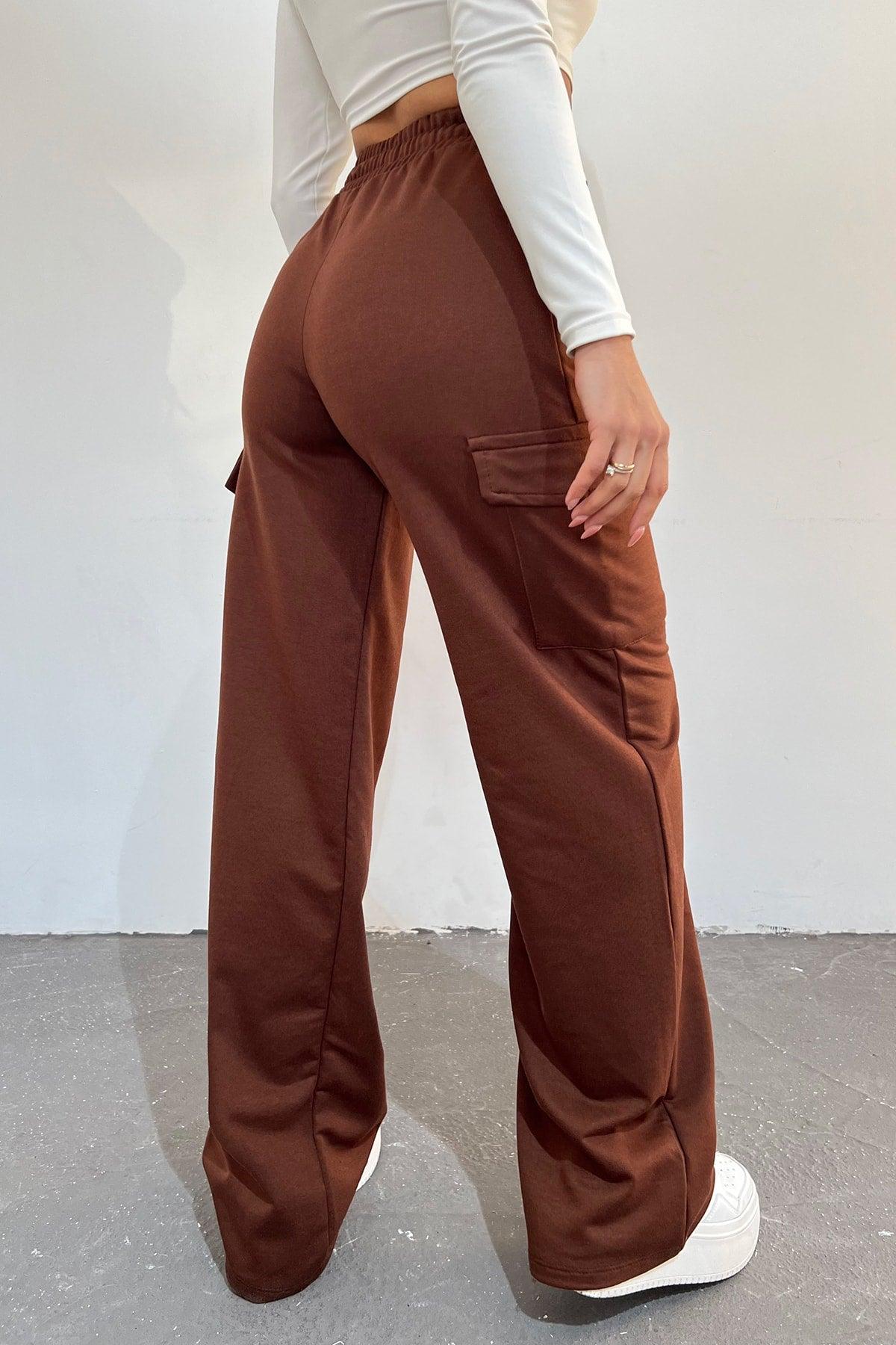 Women's Brown - Regular Fit Cargo Pocket Wide Leg Sweatpants - Swordslife