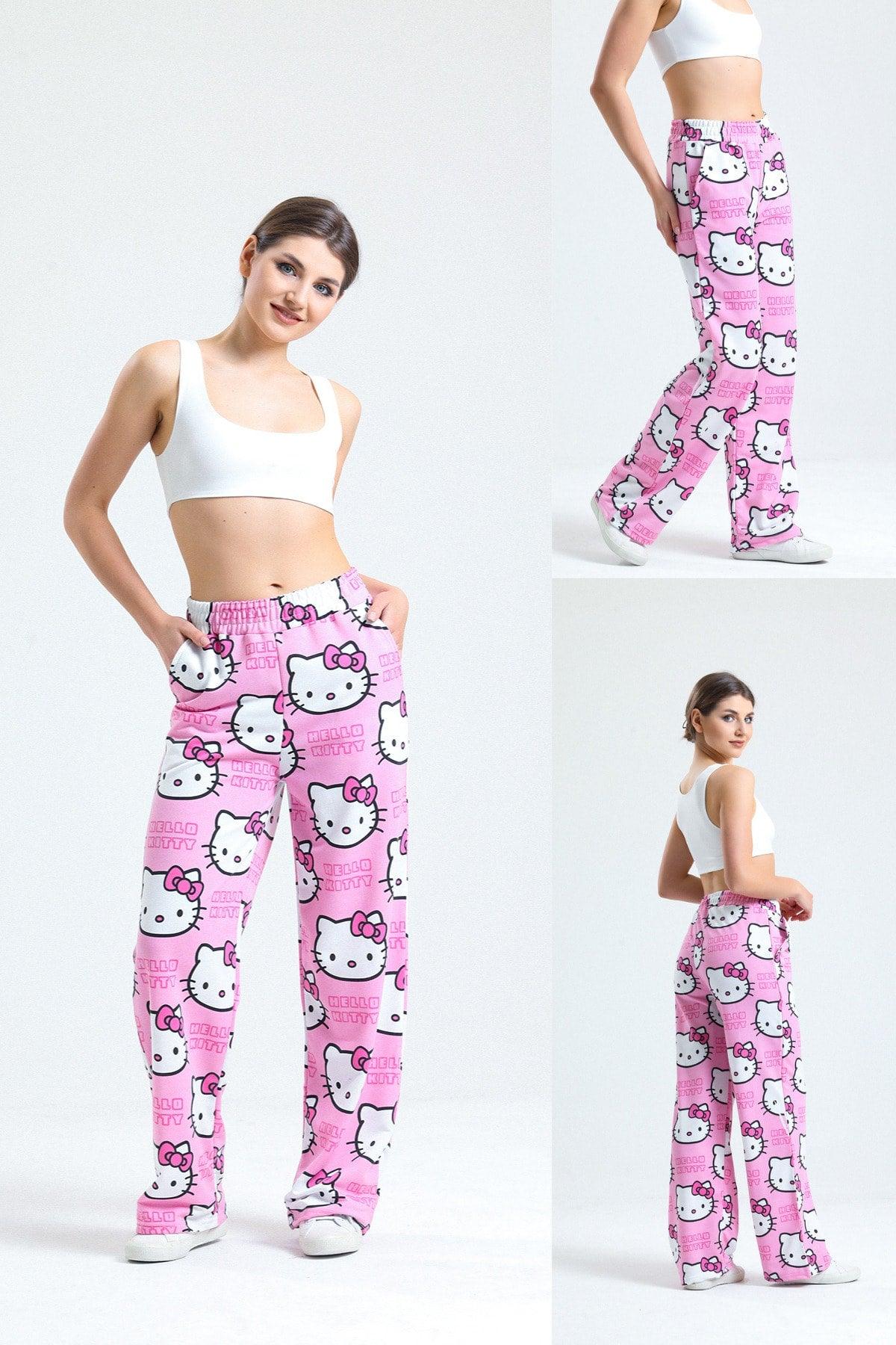 Unisex Pink Hello Kitty Cat Wide Leg Sweatpants - Swordslife