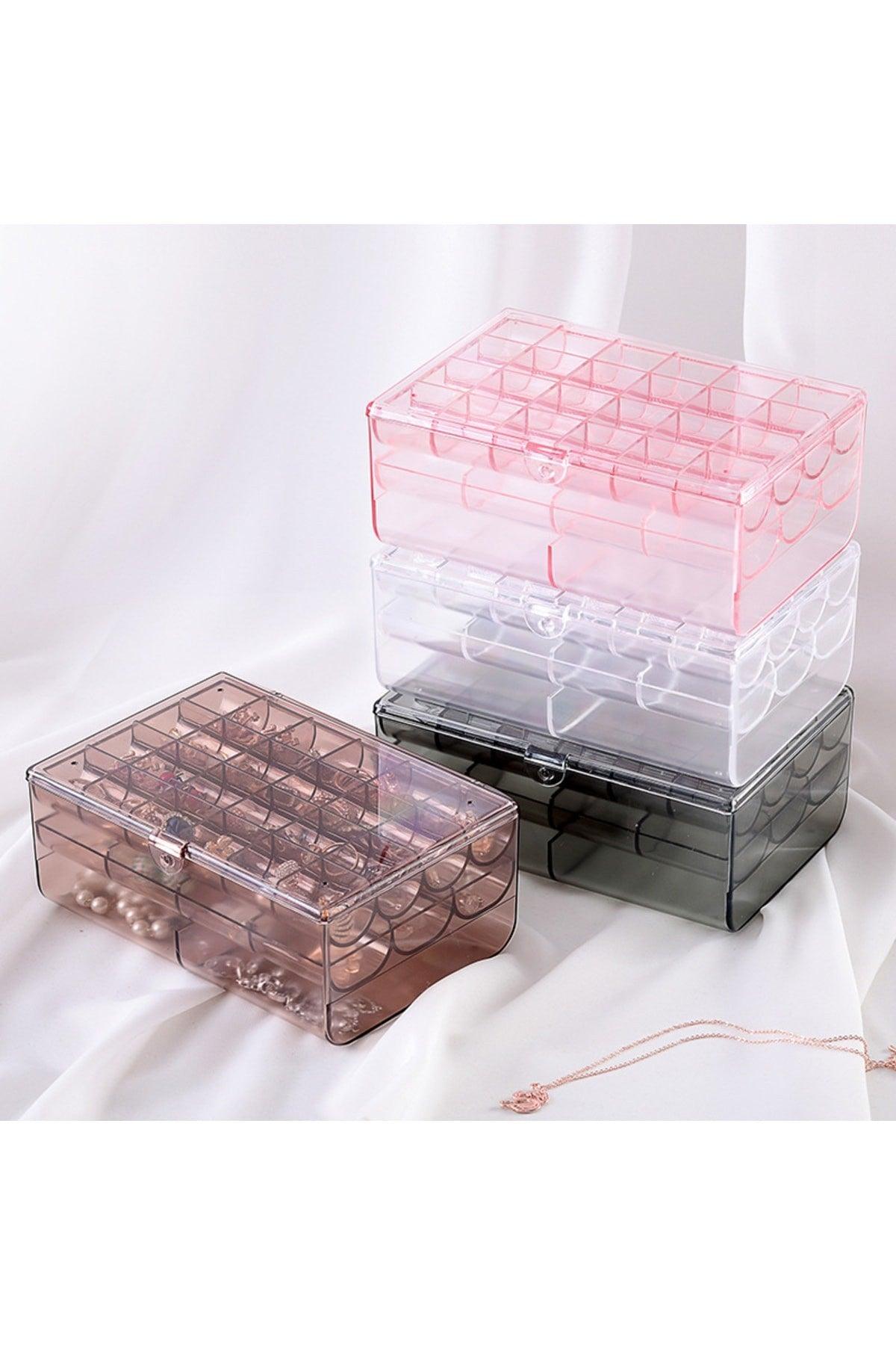 Transparent Jewelry Accessory Makeup Storage Box Organizer With 48 Grid Compartments With 3 Tiers Lid - Swordslife