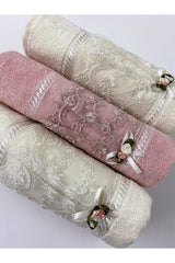 3 Pcs 100% Cotton Dowry Dress With Bowtie Lace Guipure 50x90 Hand And Face Towel - Swordslife