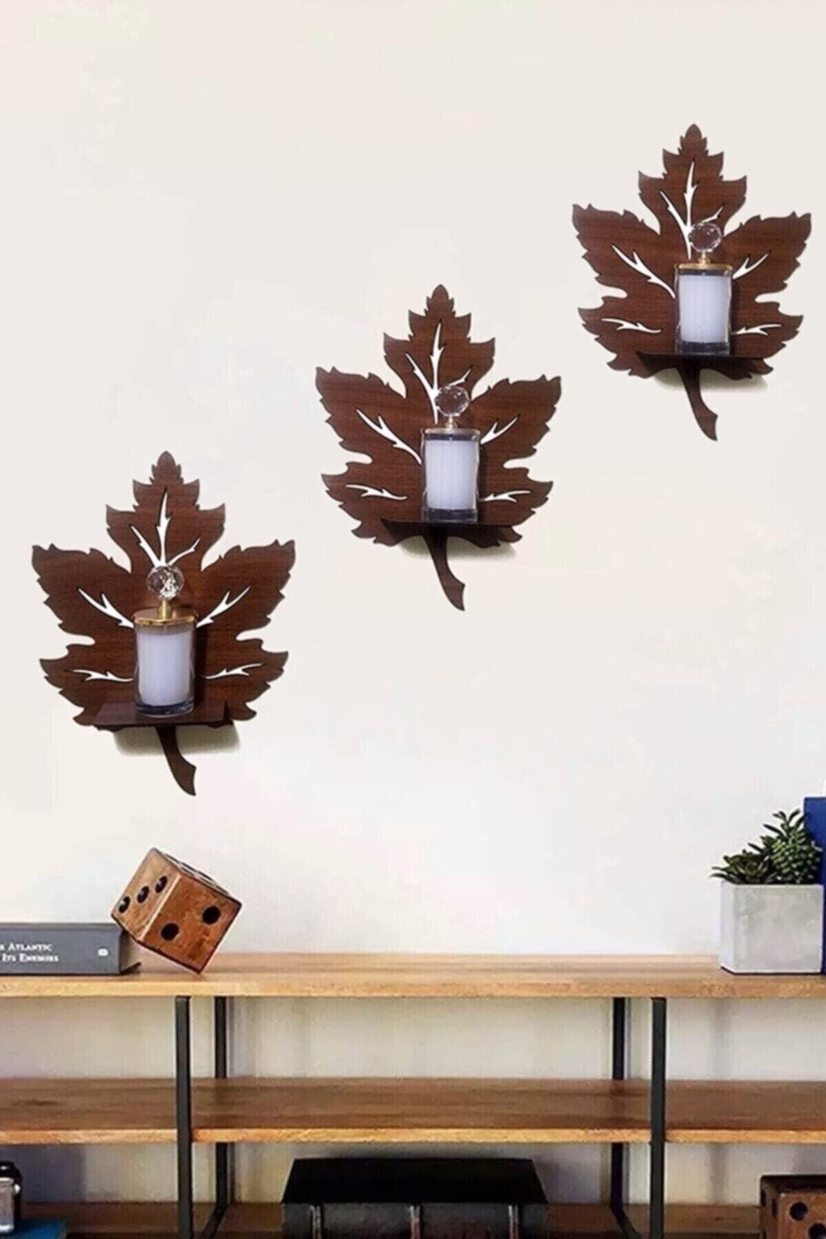 3 Piece Wooden Wall Ornament Shelf Sycamore Leaf Candle Holder - Swordslife